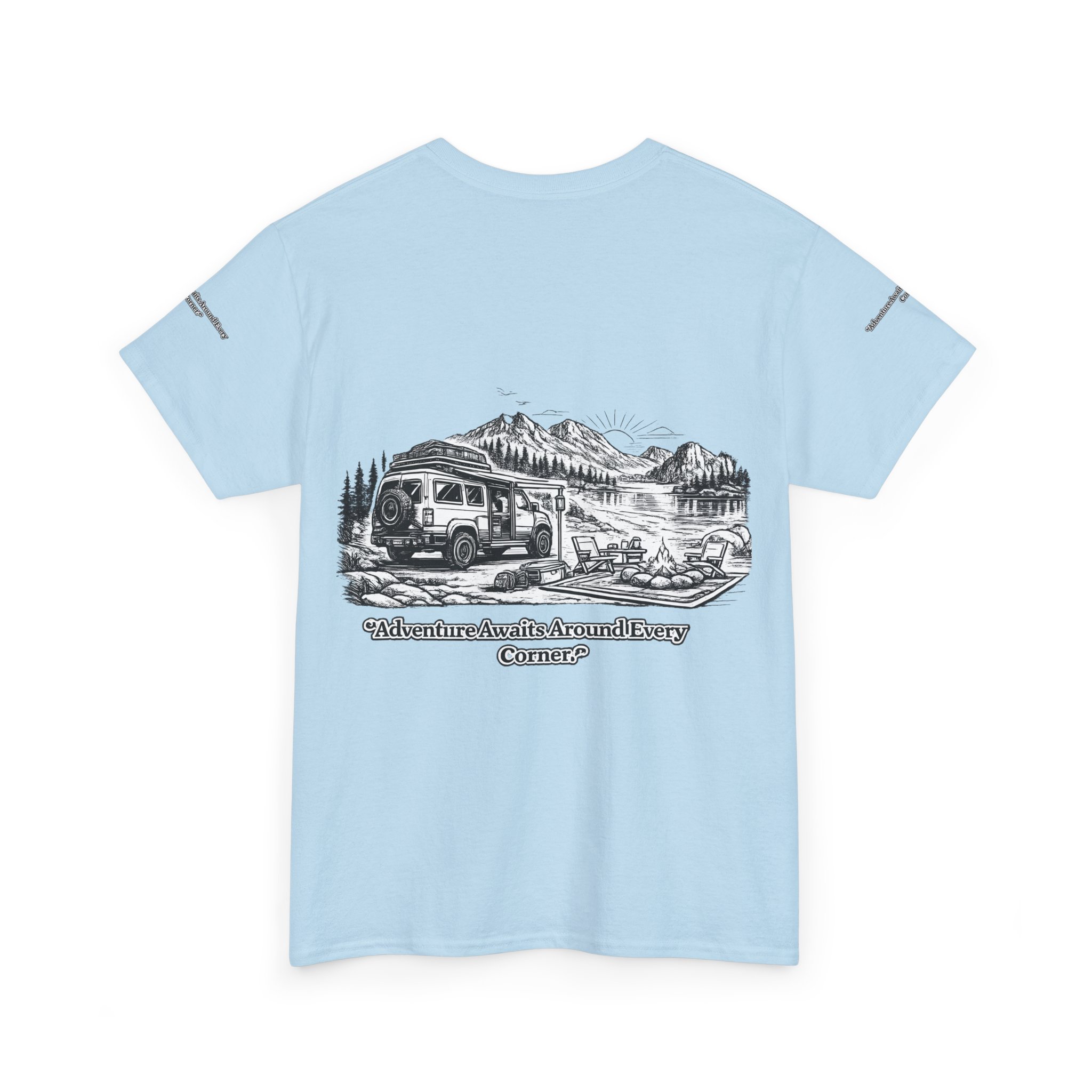 Unisex Heavy Cotton Tee — "Adventure Awaits Around Every Corner" Design Minimal-Line