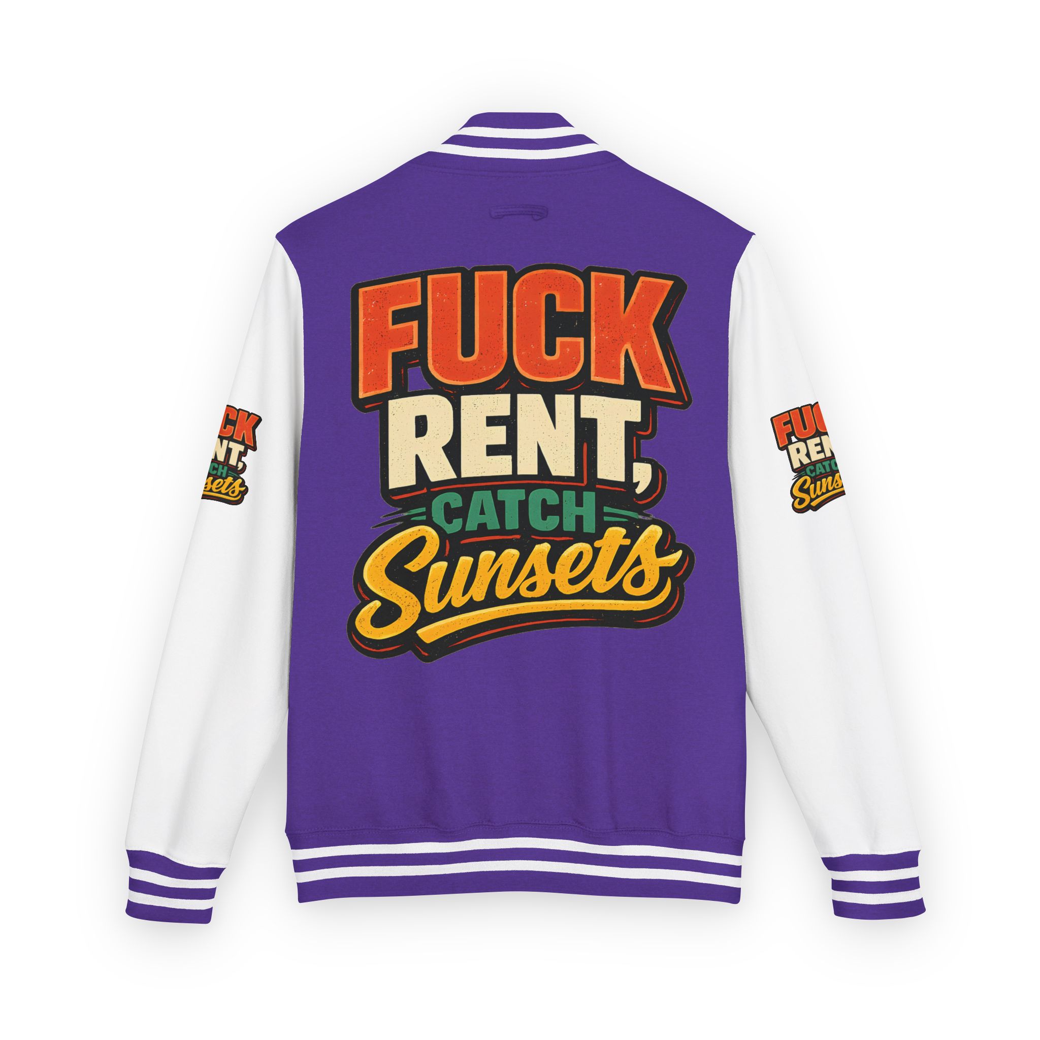 16672128803082994683_2048-2.jpeg Unisex Heavyweight Letterman Jacket — "Fuck Rent Catch Sunsets" Design F**K-Line
