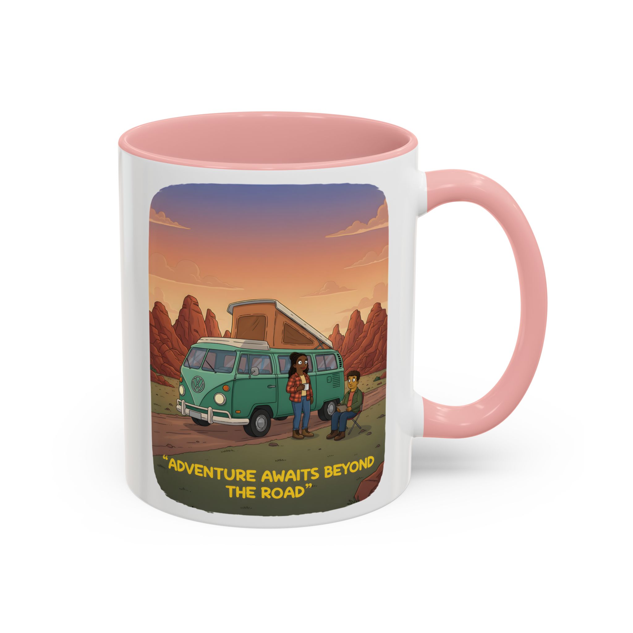 Accent Coffee Mug (11, 15oz) — "Adventure Awaits Beyond The Road" Design Sitcom-Line