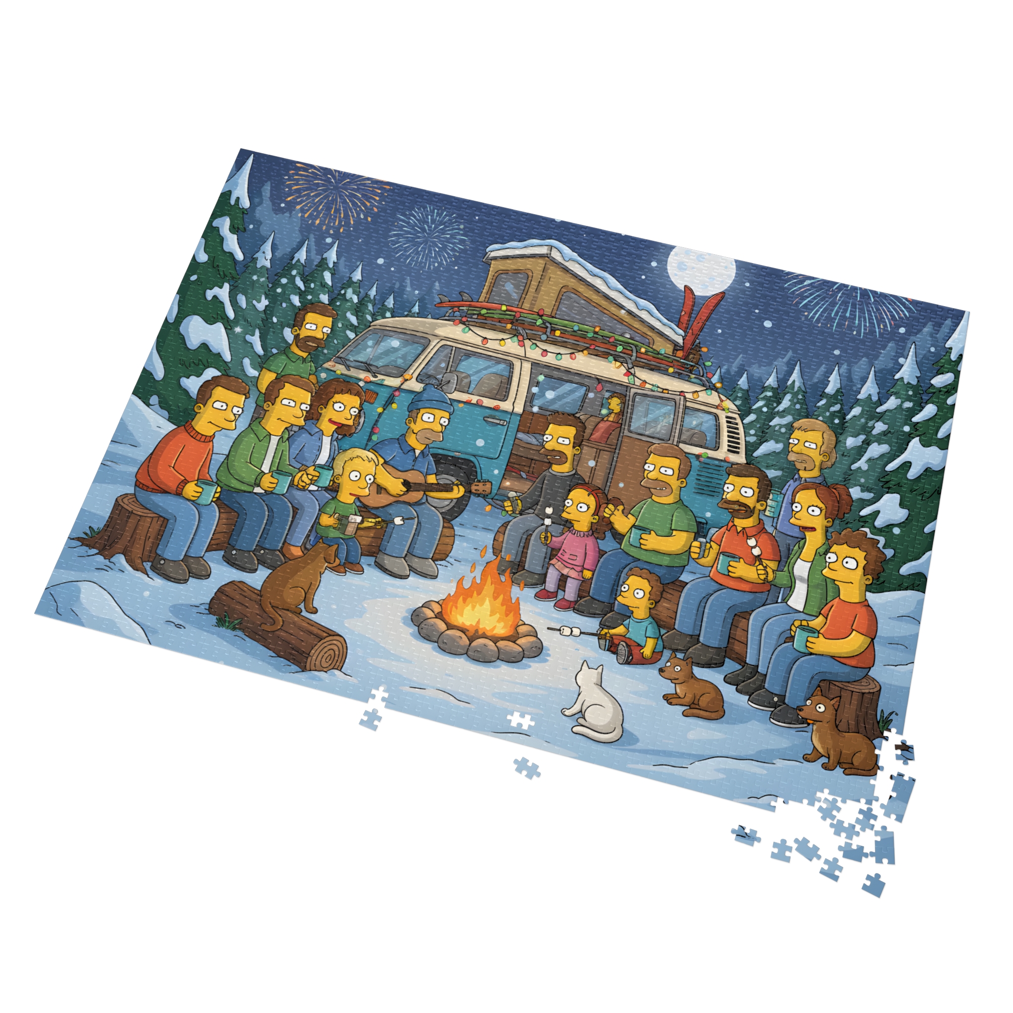 Jigsaw Puzzle with Tin — Winter Campfire Scene