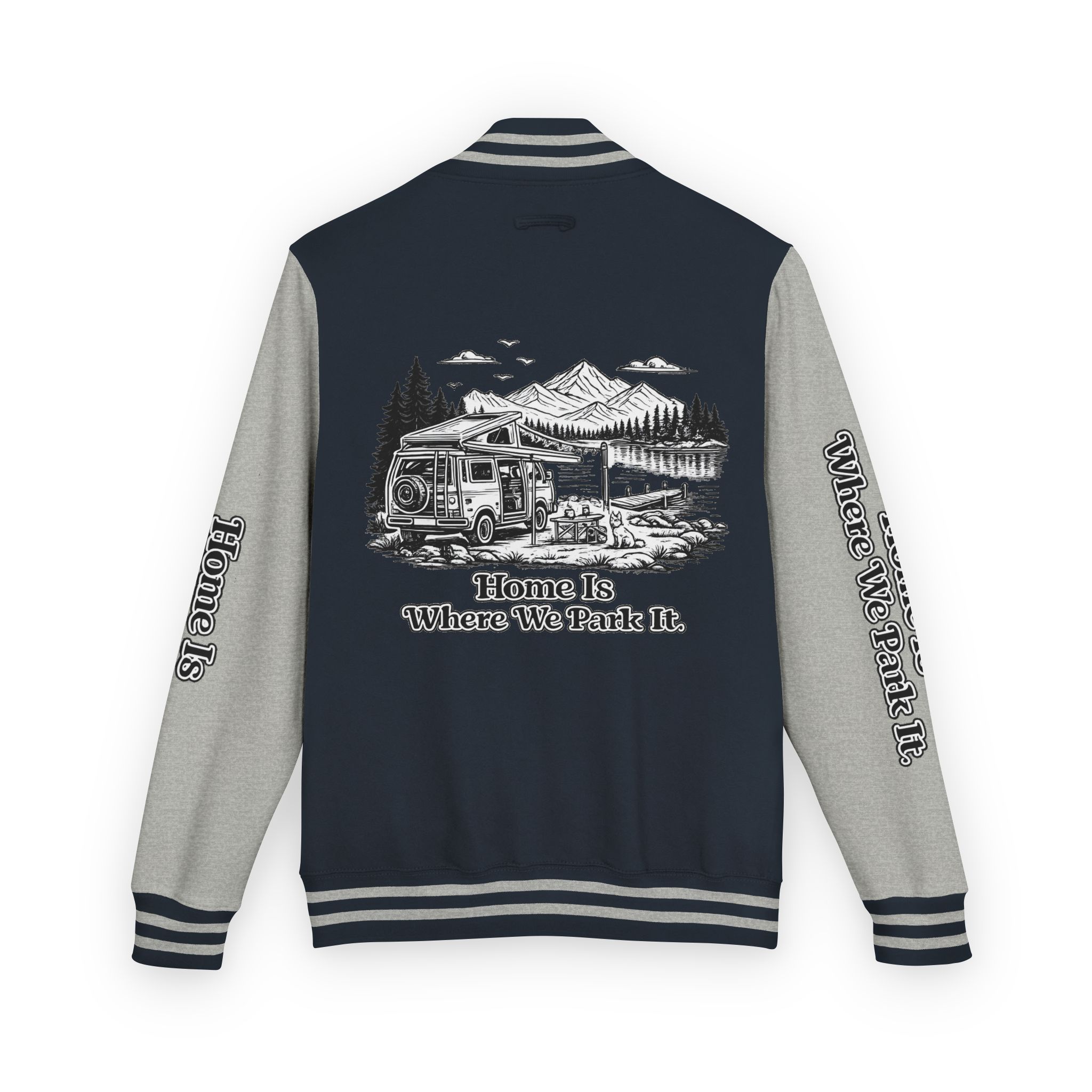 Unisex Heavyweight Letterman Jacket — "Home Is Where You Park It" Travel Varsity Coat