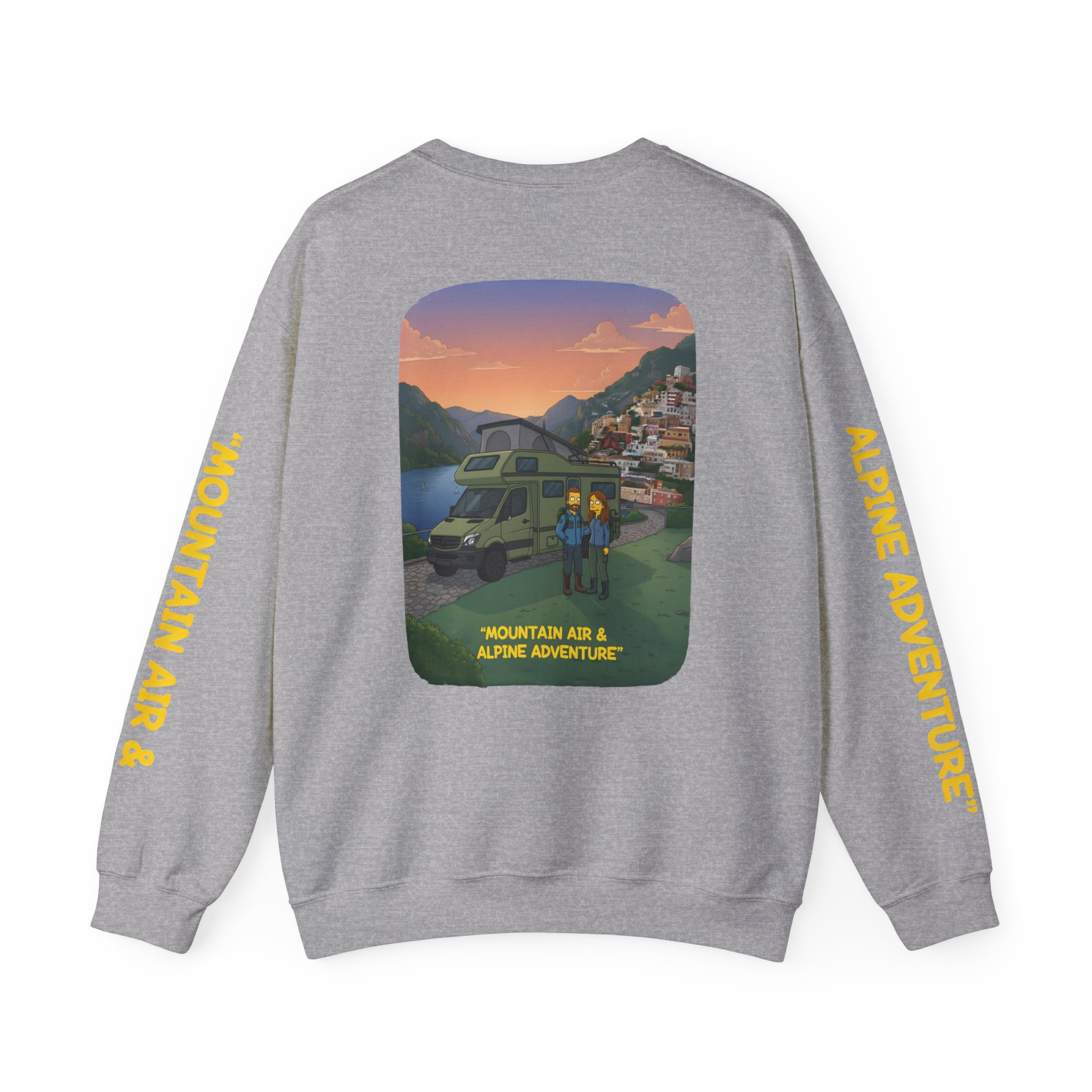 Unisex Heavy Blend™ Crewneck Sweatshirt — "Mountain Air And Alpine Adventure"" Design Sitcom-Line