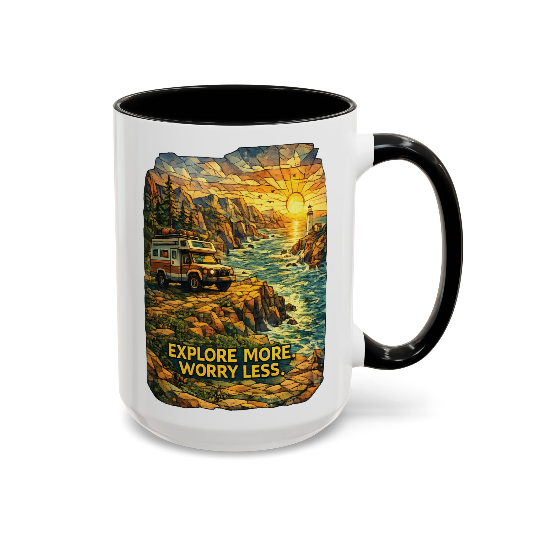 Accent Coffee Mug (11, 15oz) — "Explore More Worry Less" Design Cubic-Line