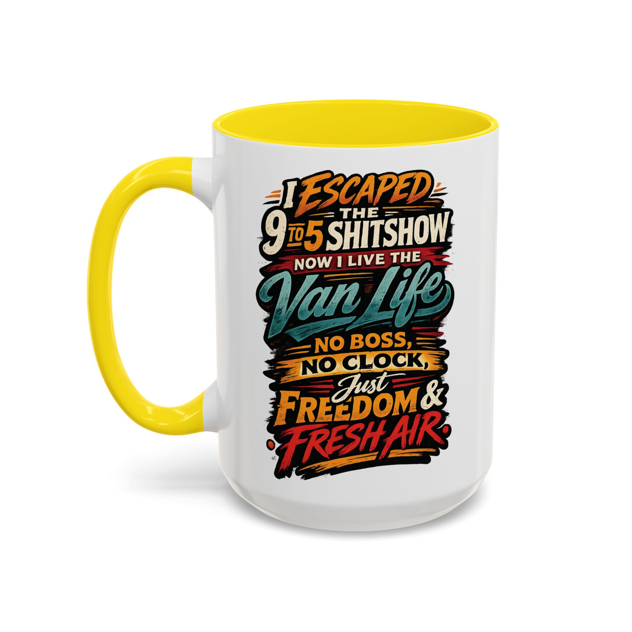 16699480153870815653_2048.jpeg Accent Coffee Mug (11, 15oz) — "I Escaped The 9 To 5" Design F**K-Line