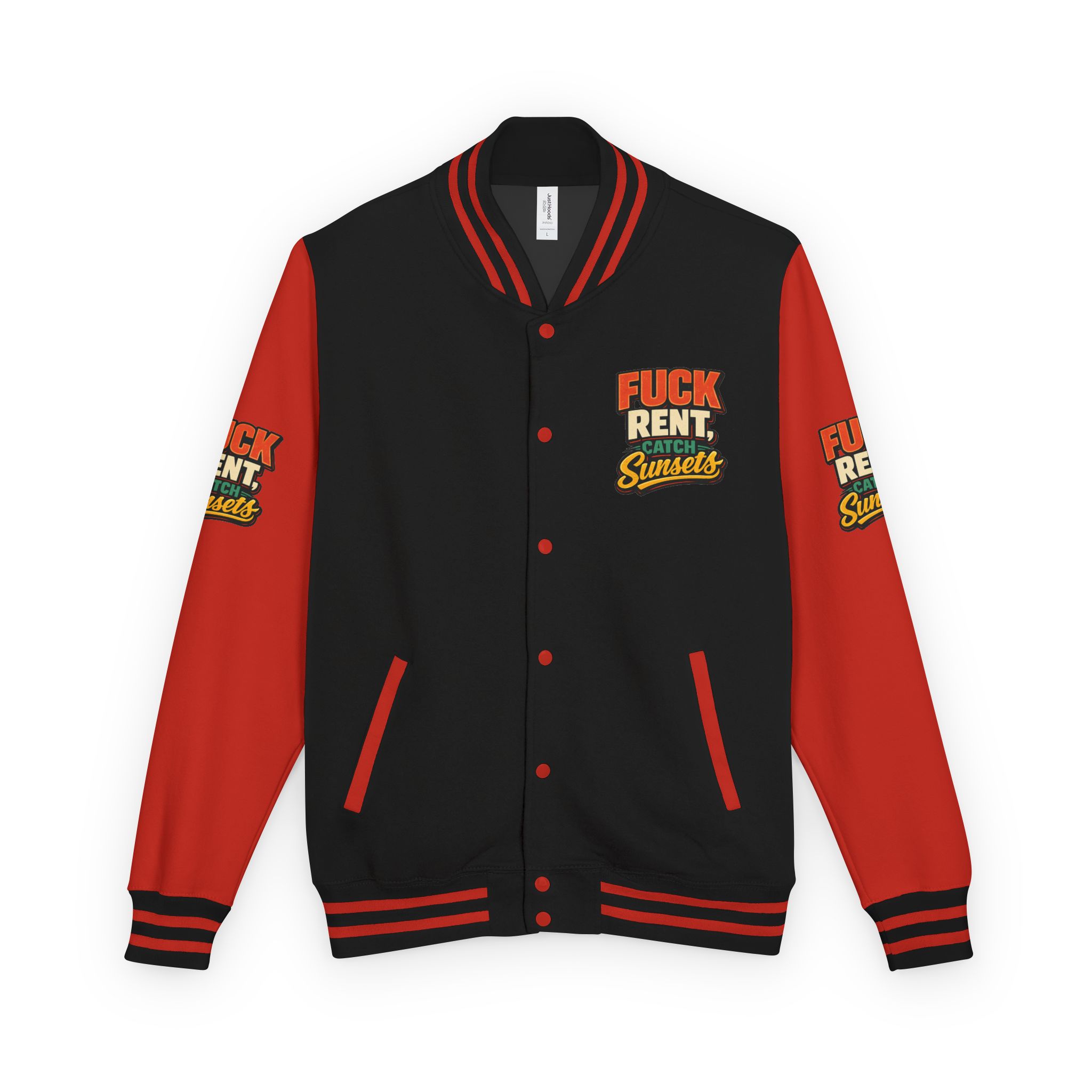 16705162427274132282_2048-2.jpeg Unisex Heavyweight Letterman Jacket — "Fuck Rent Catch Sunsets" Design F**K-Line