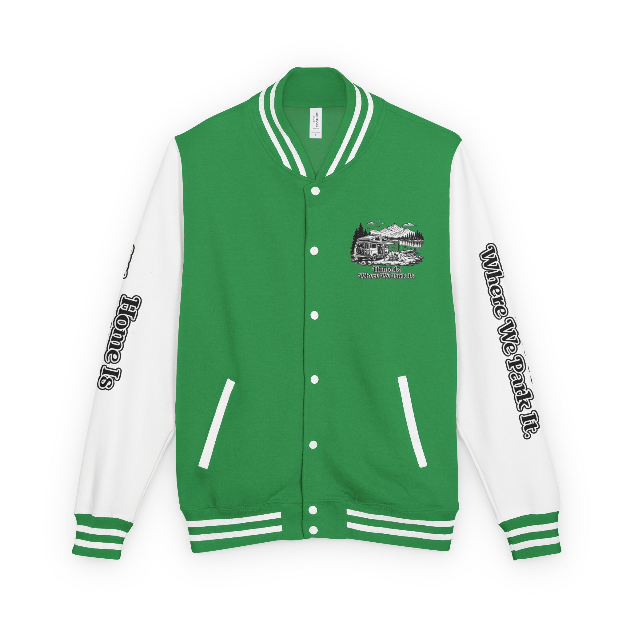 Unisex Heavyweight Letterman Jacket — "Home Is Where You Park It" Travel Varsity Coat