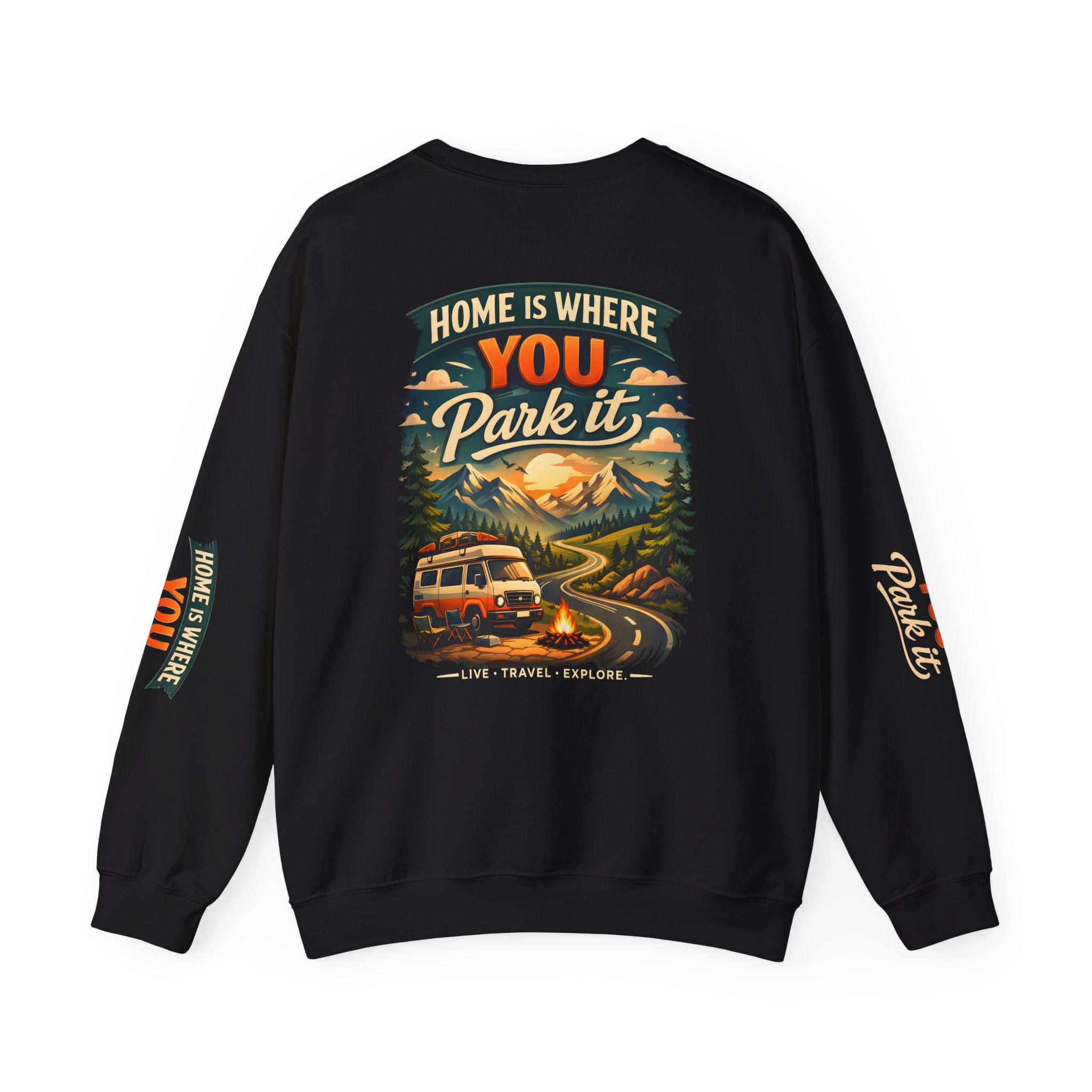 Unisex Heavy Blend™ Crewneck Sweatshirt — "Home Is Where You Park It" Design Scenic-Line