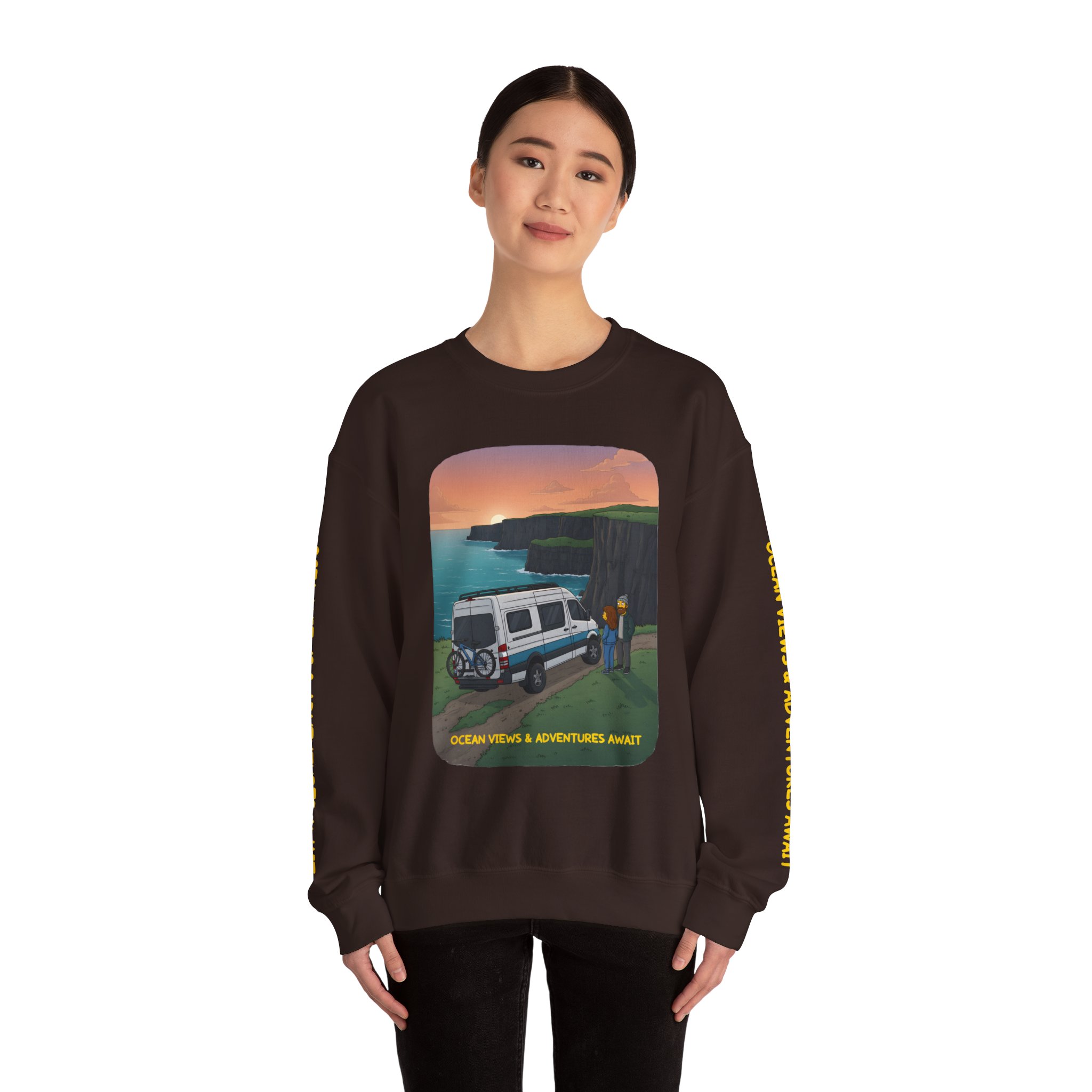 Unisex Heavy Blend™ Crewneck Sweatshirt — "Ocean Views-Adventures Awaits" Design Sitcom-Line