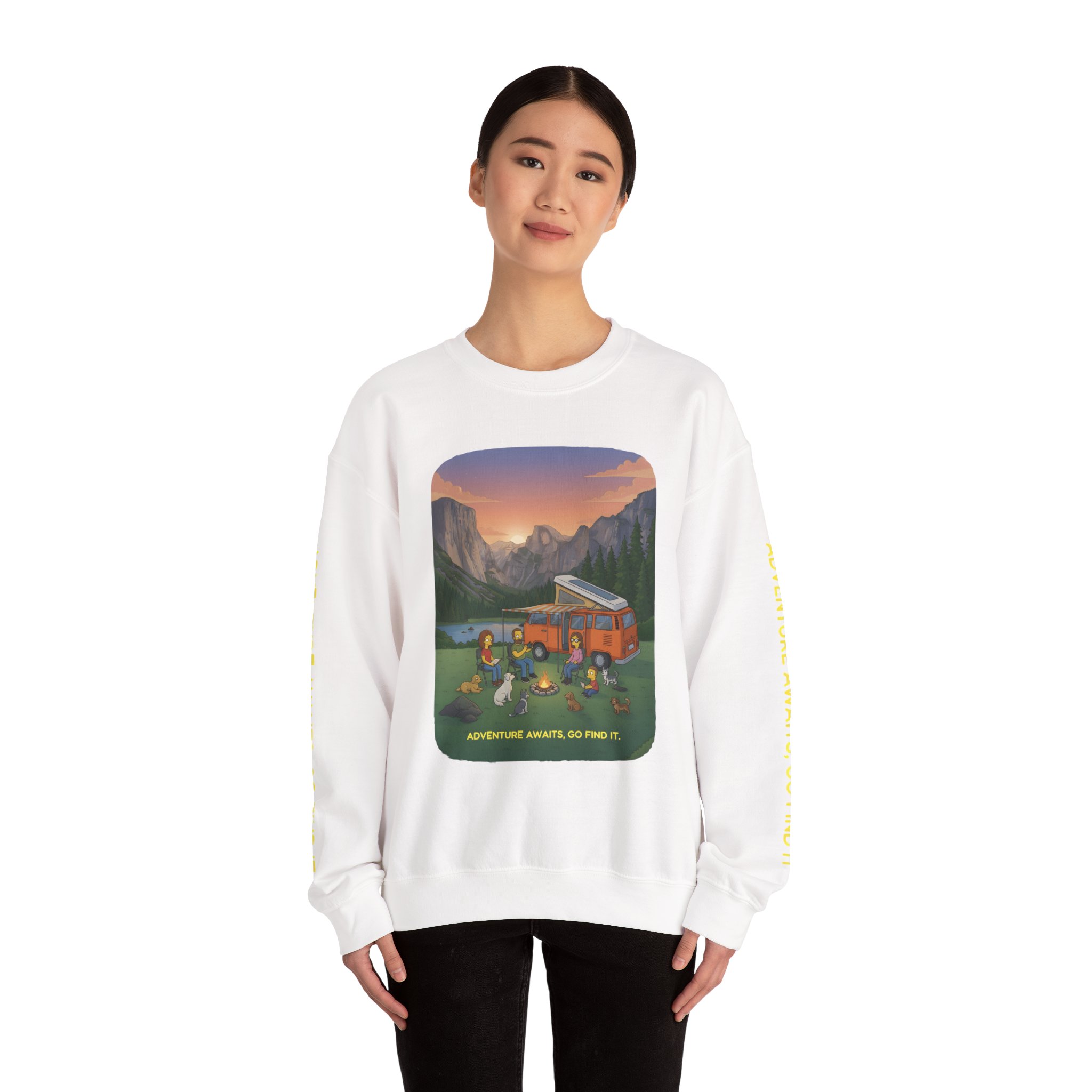 Unisex Heavy Blend™ Crewneck Sweatshirt — "Adventure Awaits-Go Find It"" Design Sitcom-Line