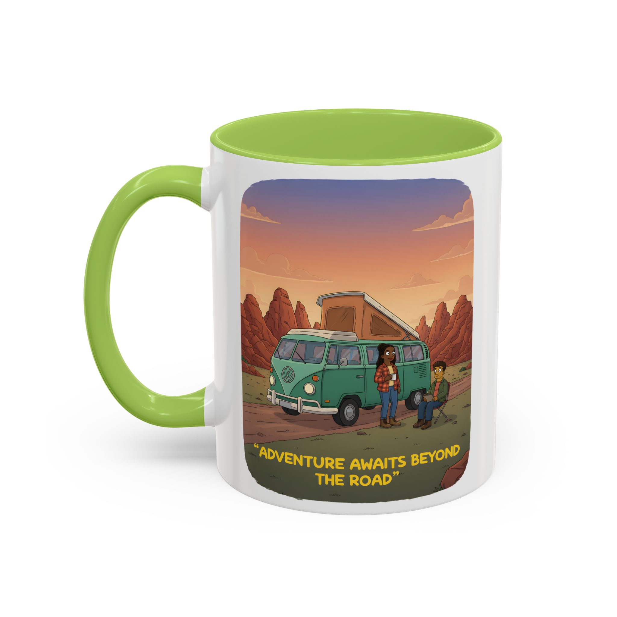 Accent Coffee Mug (11, 15oz) — "Adventure Awaits Beyond The Road" Design Sitcom-Line