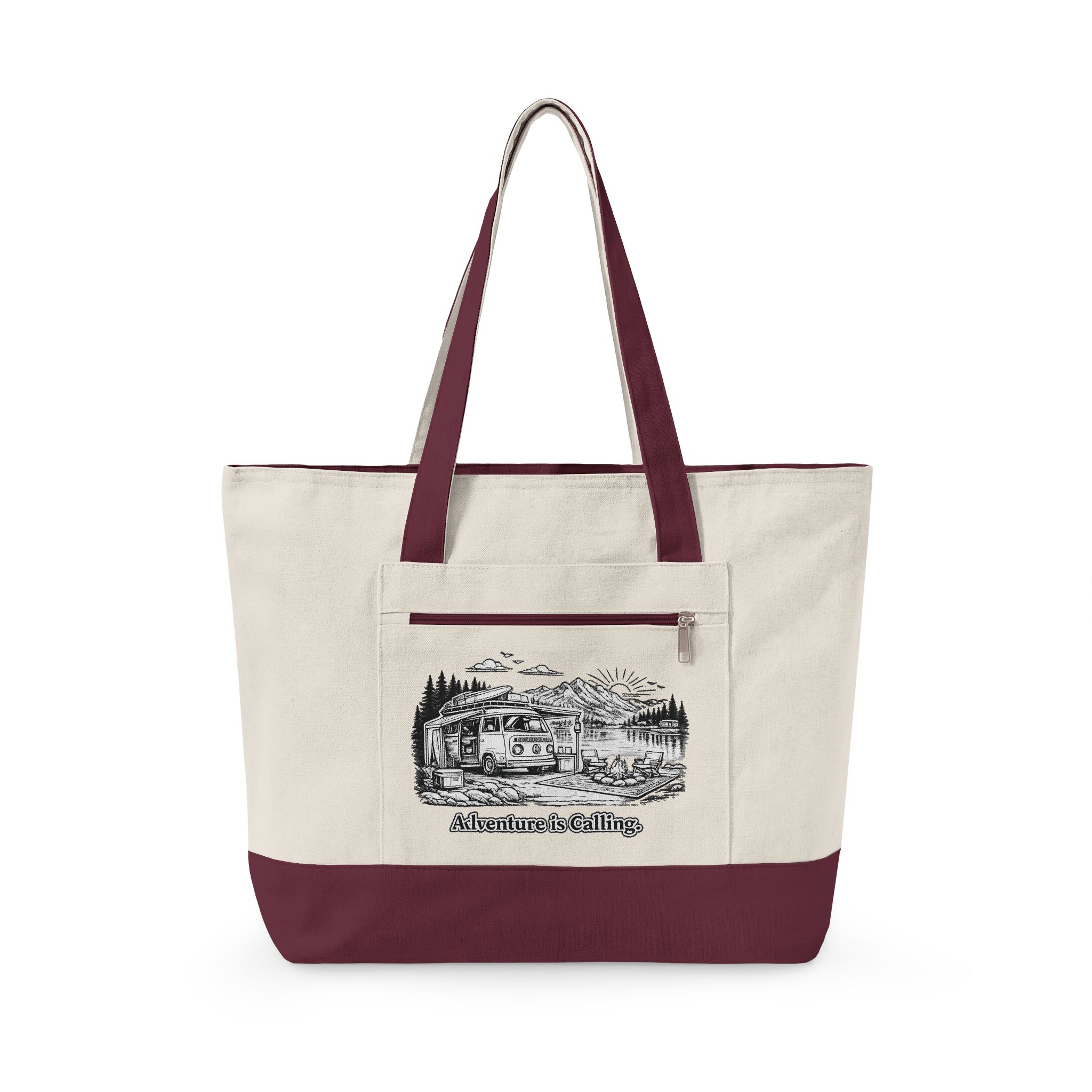 Zippered Canvas Tote — "Adventure Is Calling" (Design Minimal-Line)