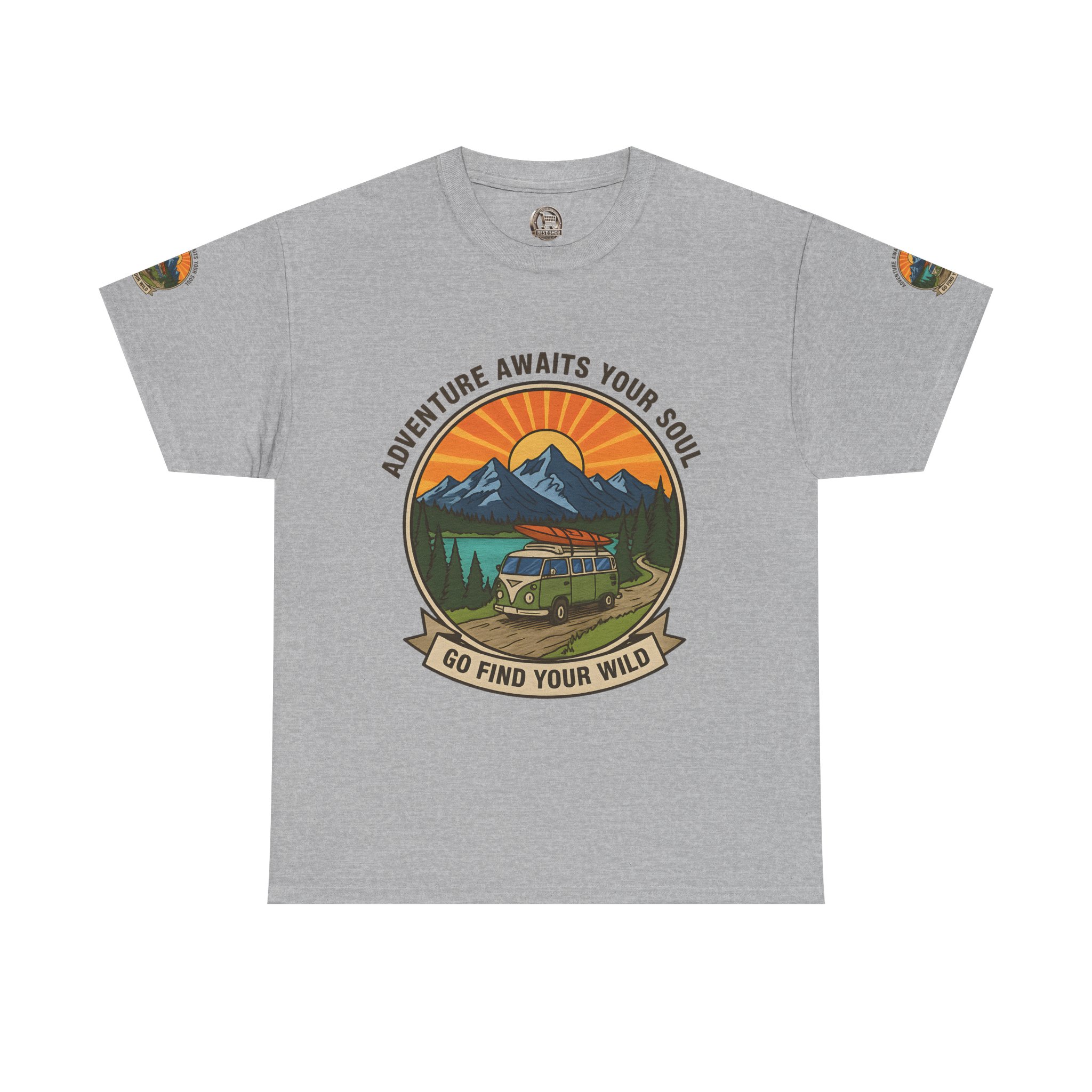 Unisex Heavy Cotton Tee — “Adventure Awaits Your Soul: Go Find Your Wild” Van & Mountain Graphic