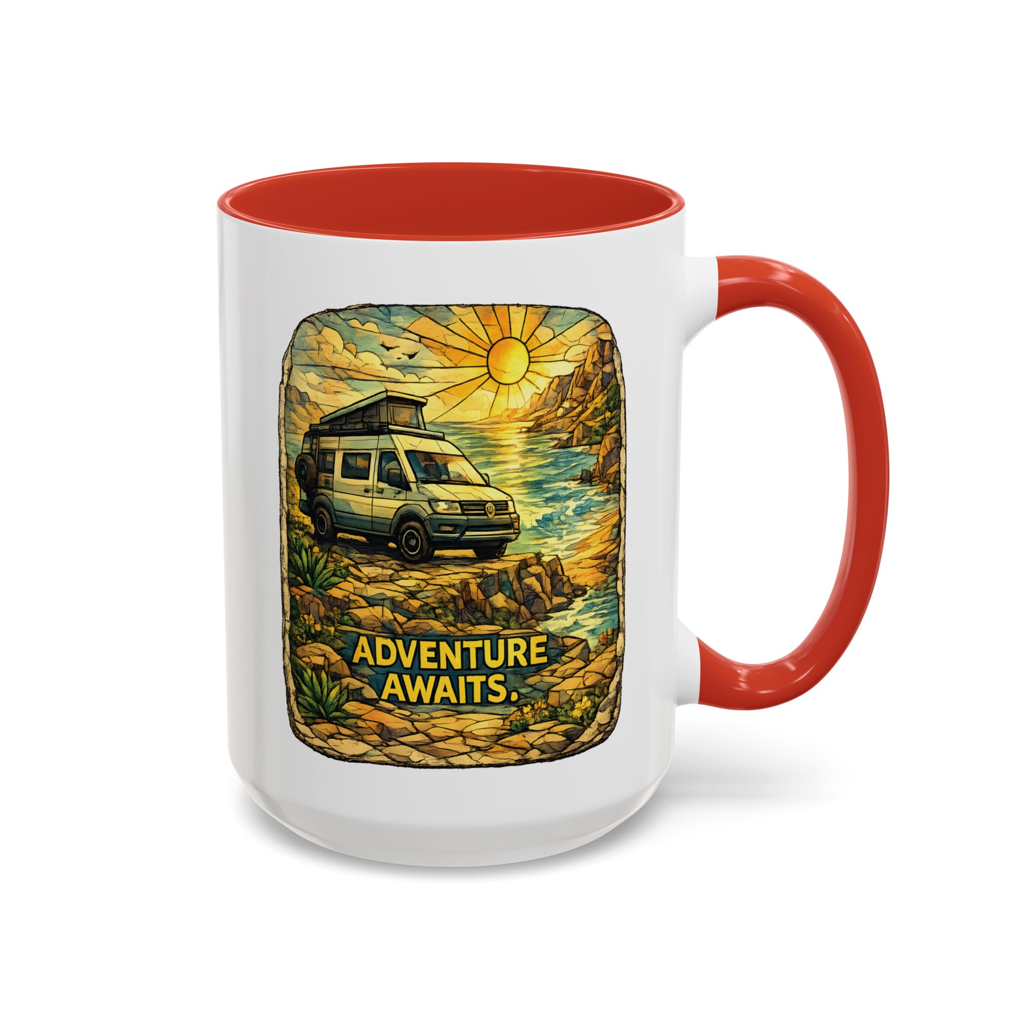 Accent Coffee Mug (11, 15oz) — "Adventure Awaits" Design Cubic-Line