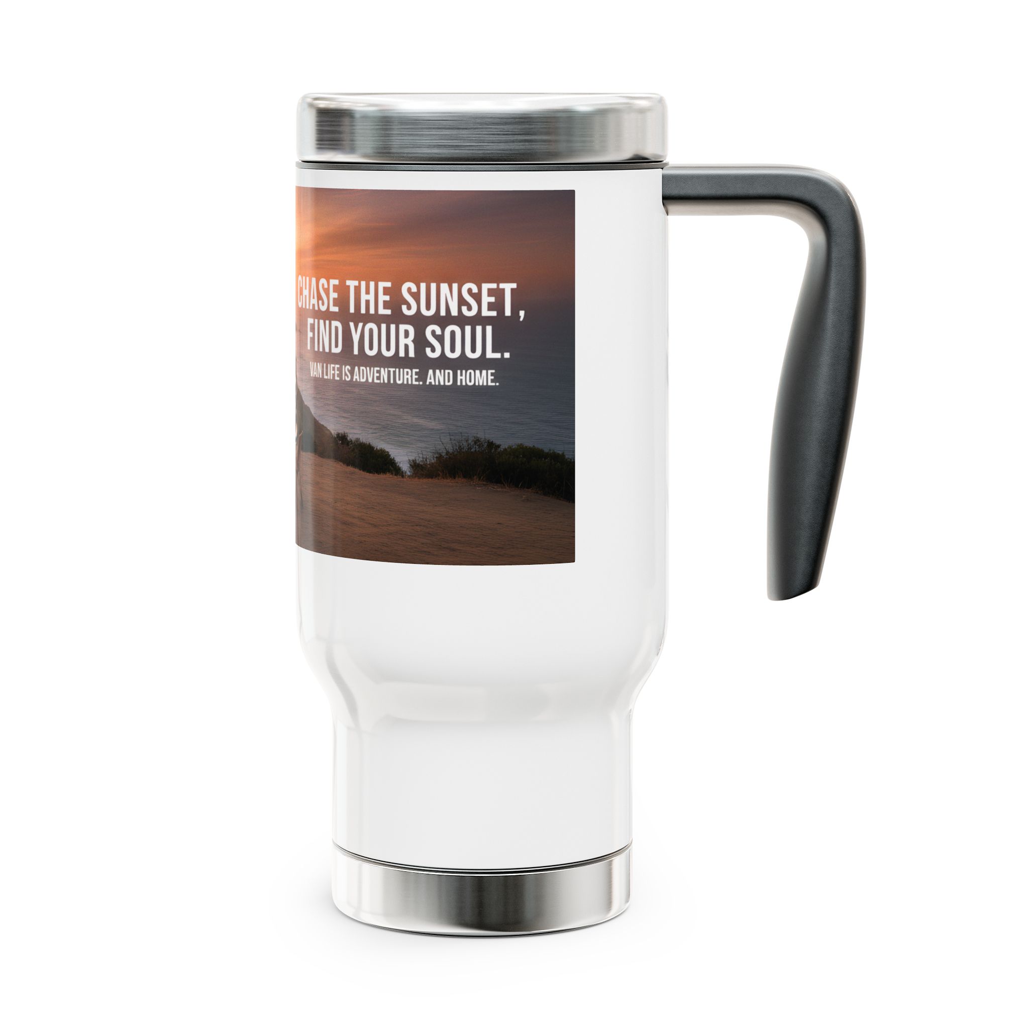 Stainless Steel Travel Mug with Handle, 14oz — "Chase the Sun, Find Yourself"