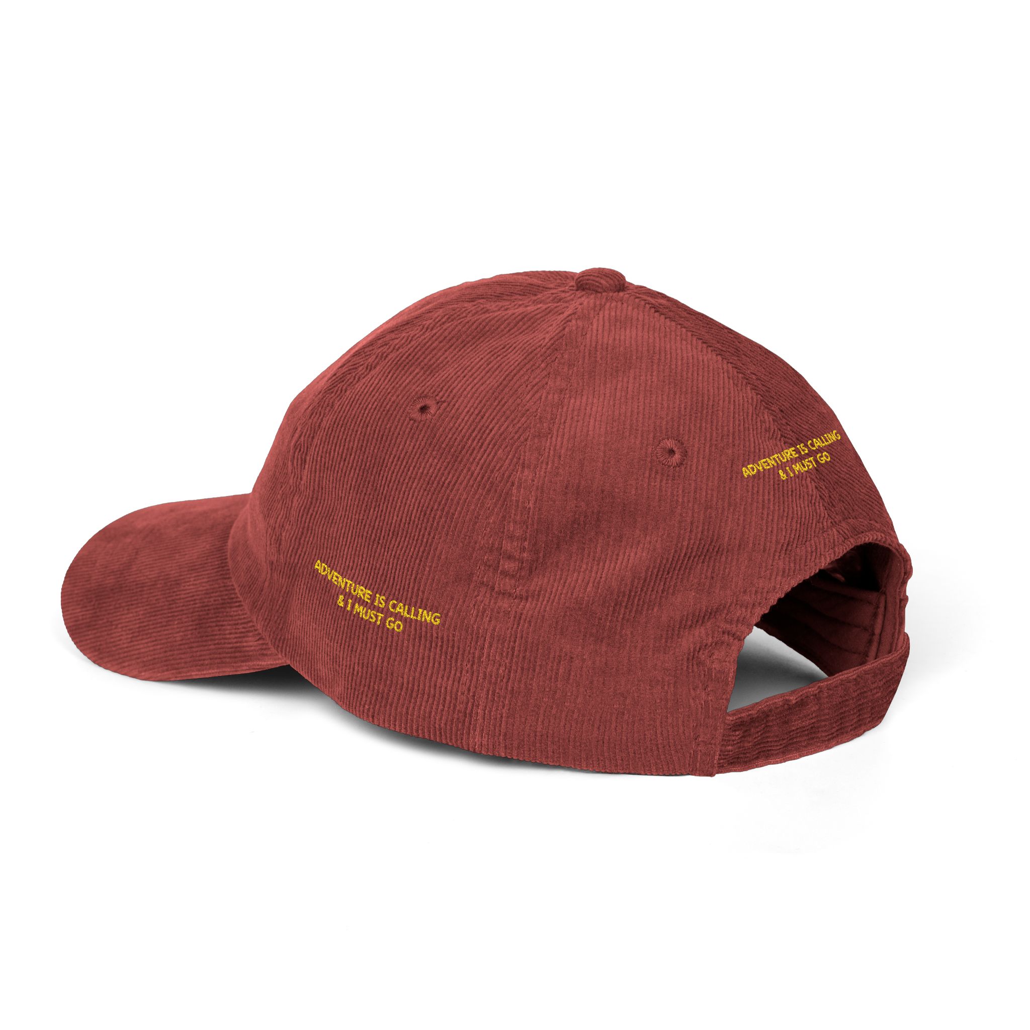 Vintage Corduroy Cap (Embroidery) — "Adventure Is Calling & I Must Go" Embroidered Hat