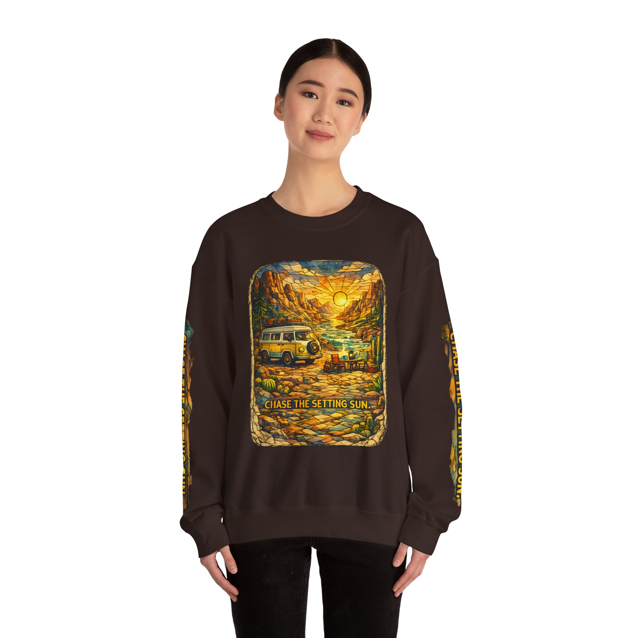 Unisex Heavy Blend™ Crewneck Sweatshirt — "Chase The Settings Sun" Design Cubic-Line
