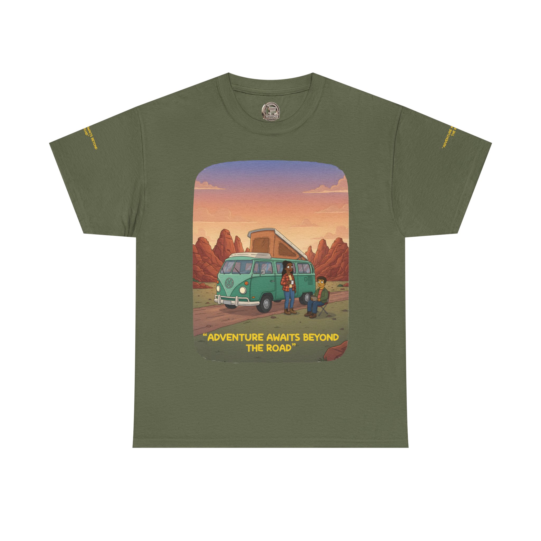 Unisex Heavy Cotton Tee — "Adventure Awaits Beyond The Road" Design Sitcom-Line