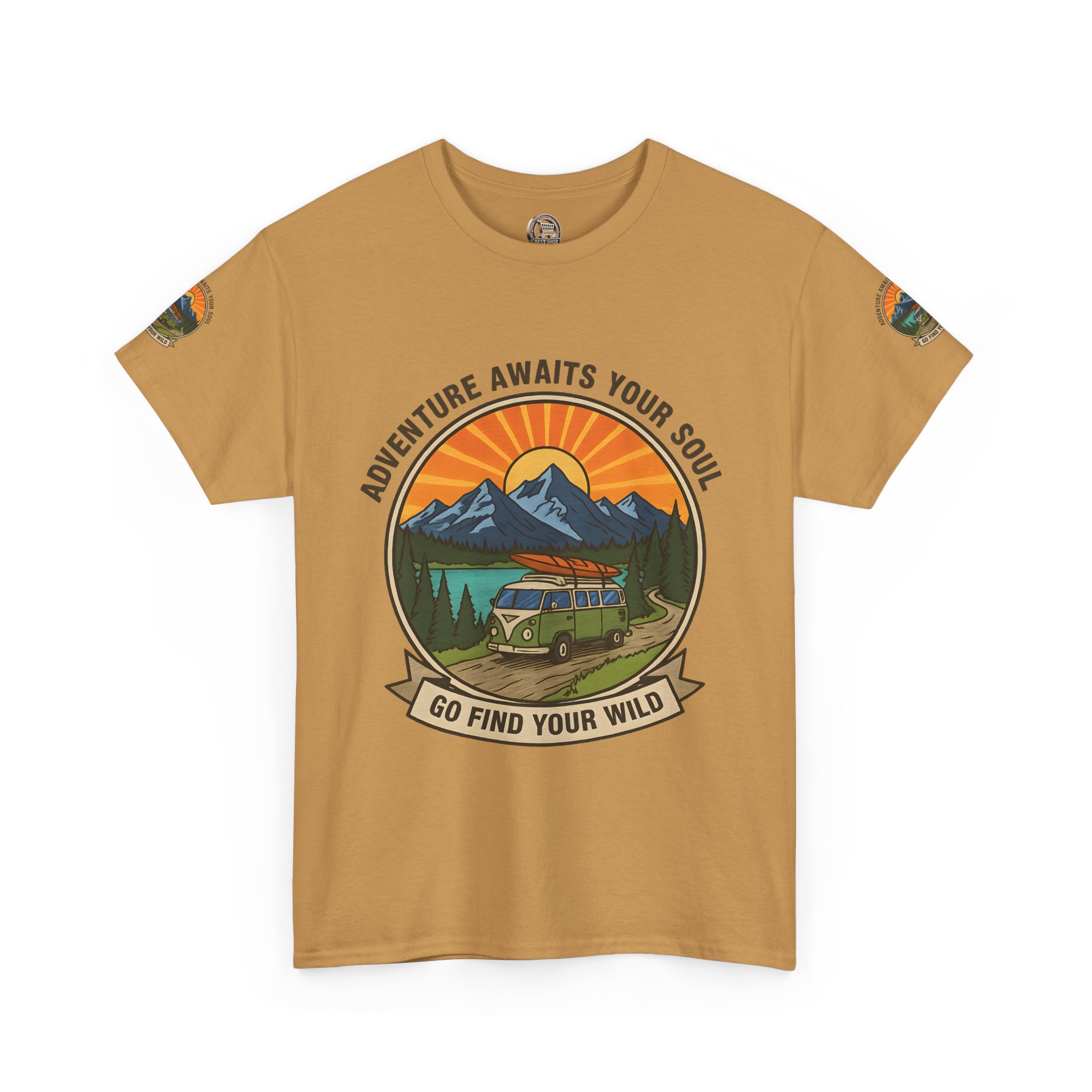 Unisex Heavy Cotton Tee — “Adventure Awaits Your Soul: Go Find Your Wild” Van & Mountain Graphic