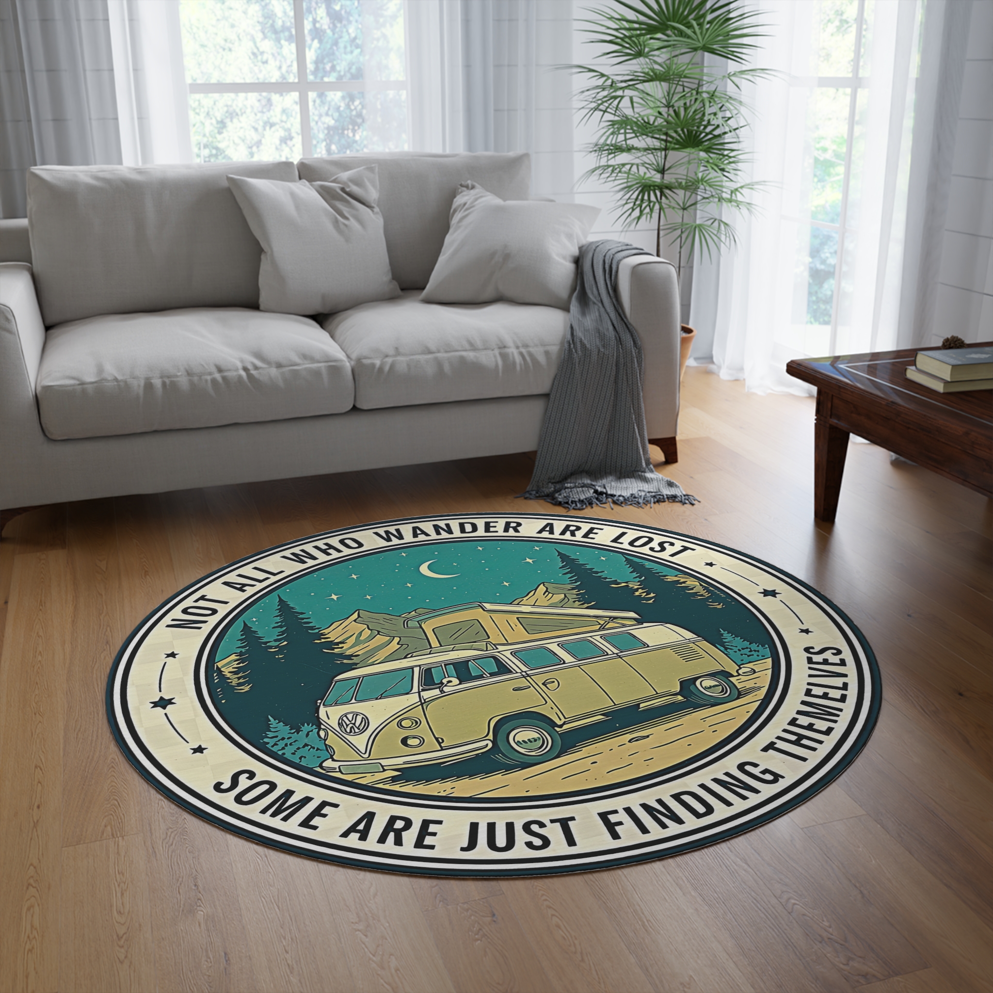Round Rug - "Not All Who Wander Are Lost" Camper Van Boho Travel Rug