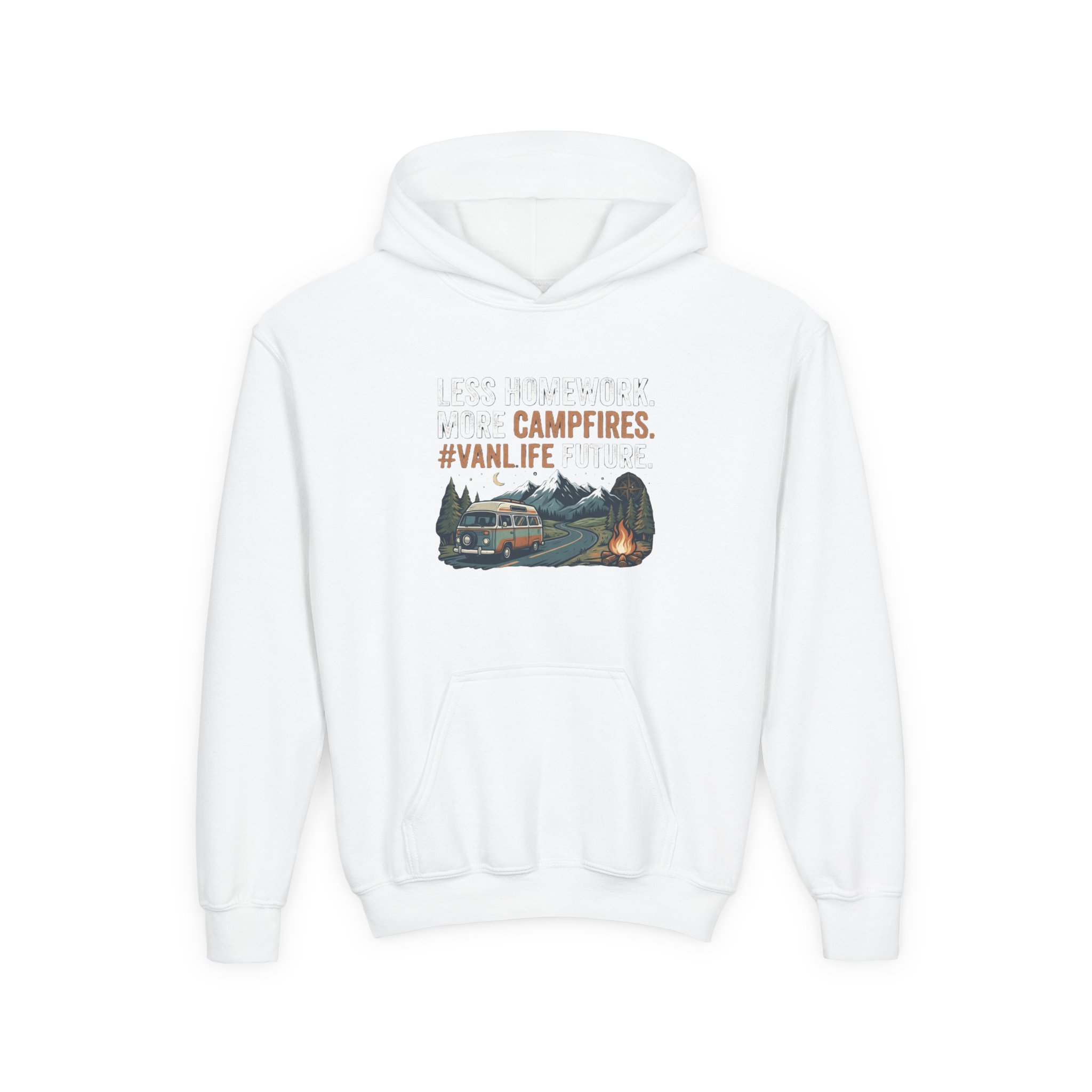 Youth Hoodie(Gildan) – Less Worry, More Campfires #VanLife Adventure Pullover