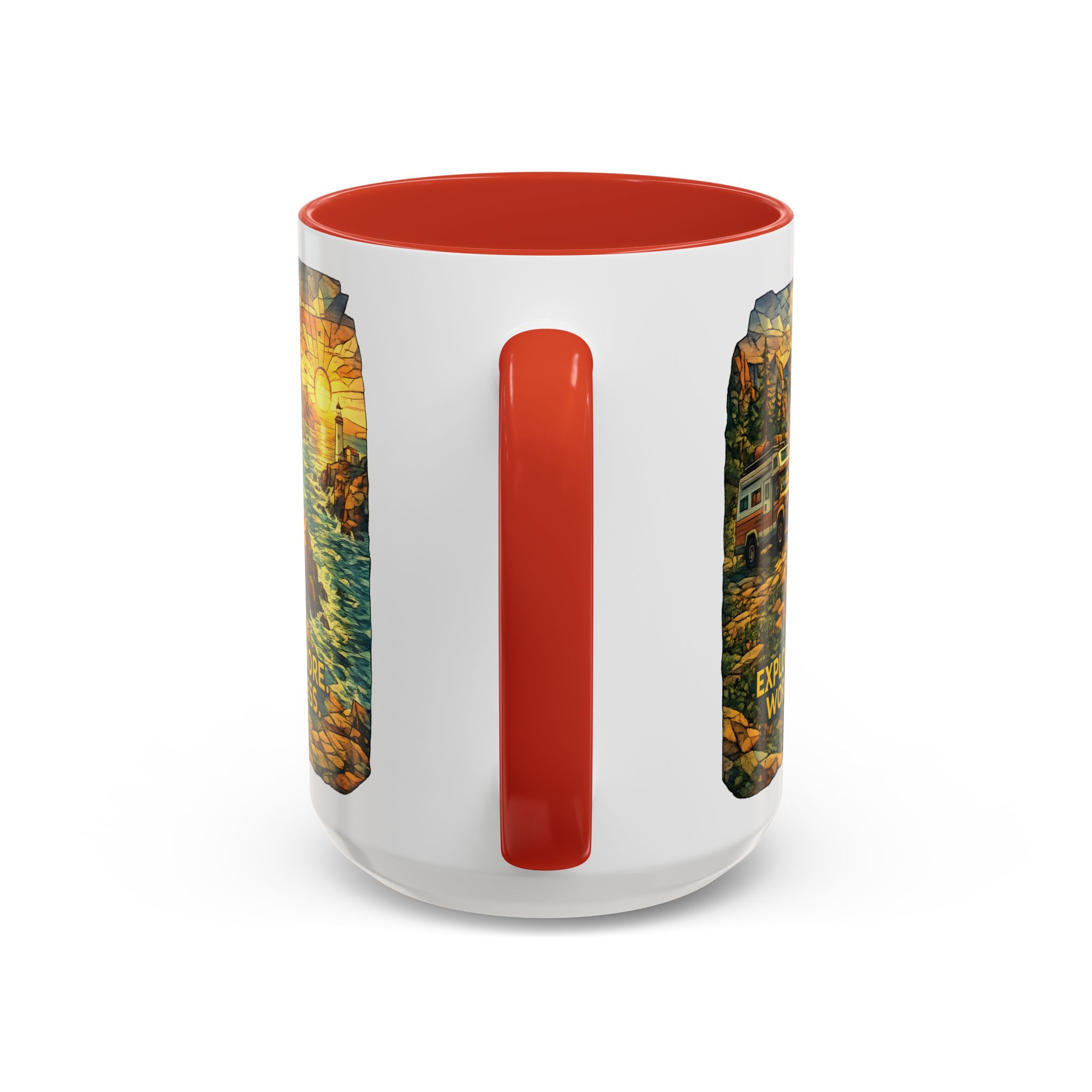 Accent Coffee Mug (11, 15oz) — "Explore More Worry Less" Design Cubic-Line