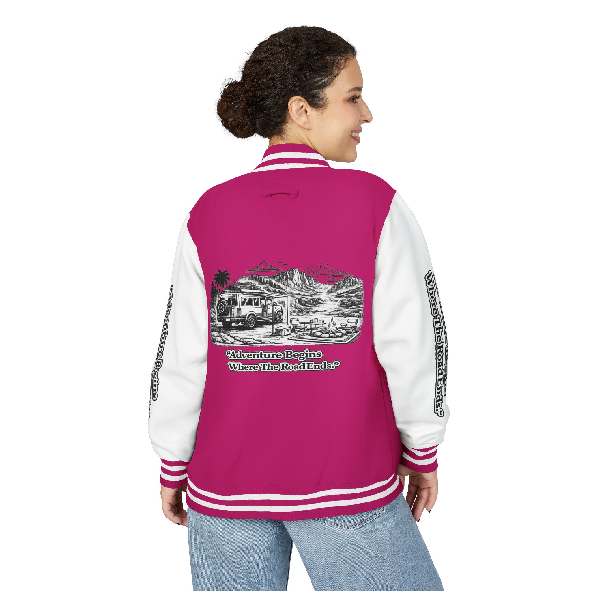 16817134487322153673_2048-1.jpeg Unisex Heavyweight Letterman Jacket — "Adventure Begins Where The Road Ends" Travel Varsity Coat