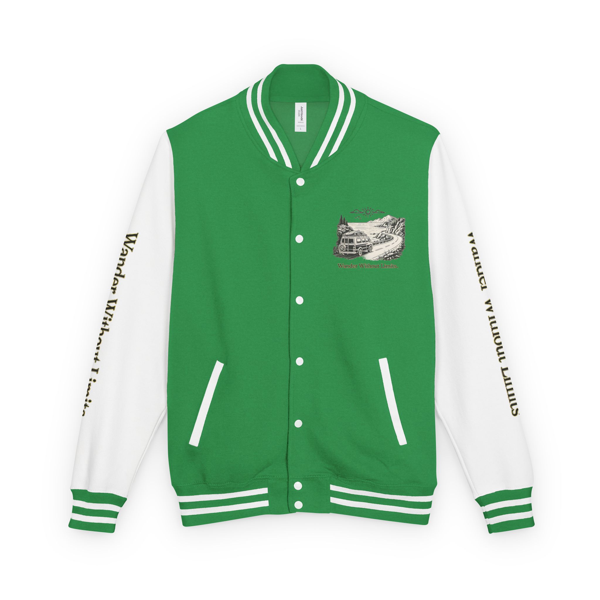 Unisex Heavyweight Letterman Jacket — "Wander Without Limits" Travel Varsity Coat