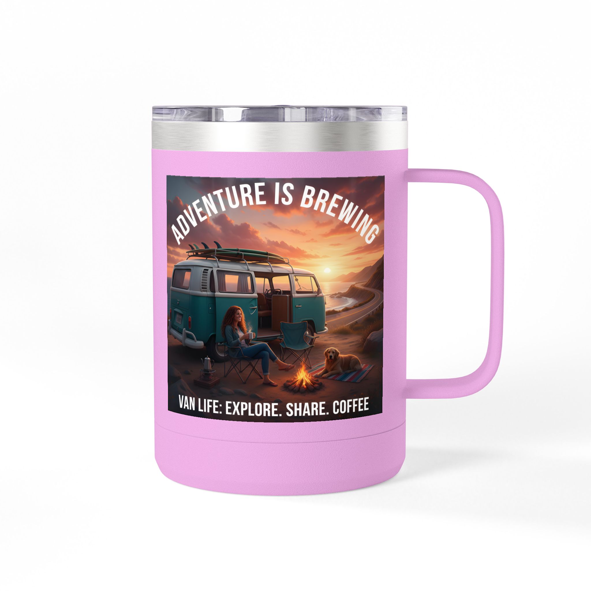 Coffee Mug Tumbler, 15oz-- "Adventure Is Brewing"