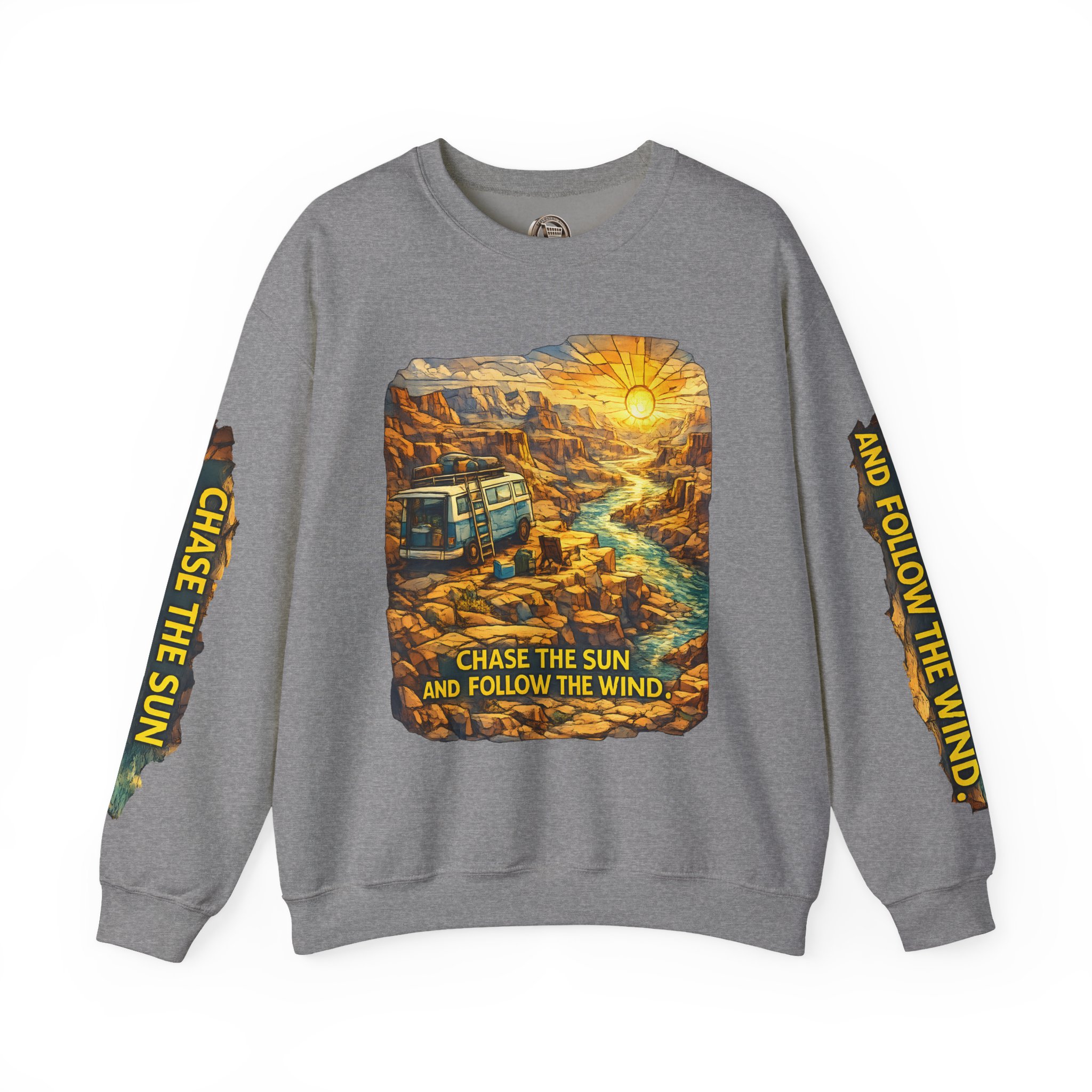 16836392371188918112_2048.jpeg Unisex Heavy Blend™ Crewneck Sweatshirt — "Chase The Sun And Follow The Wind" Design Cubic-Line