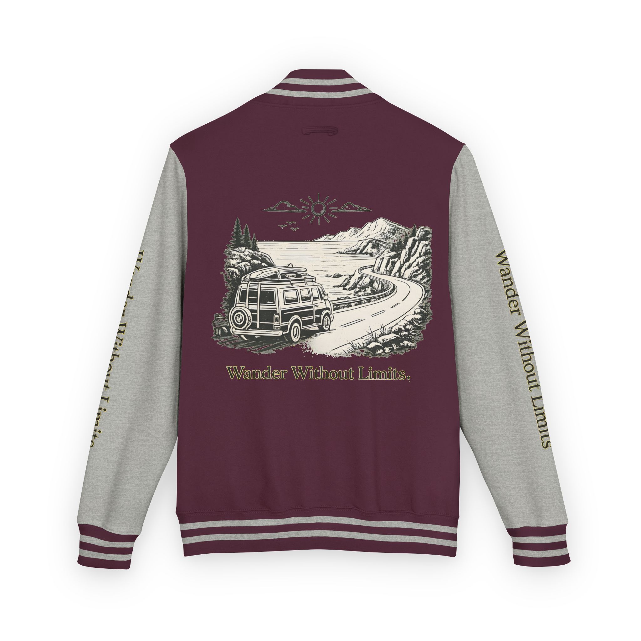 Unisex Heavyweight Letterman Jacket — "Wander Without Limits" Travel Varsity Coat