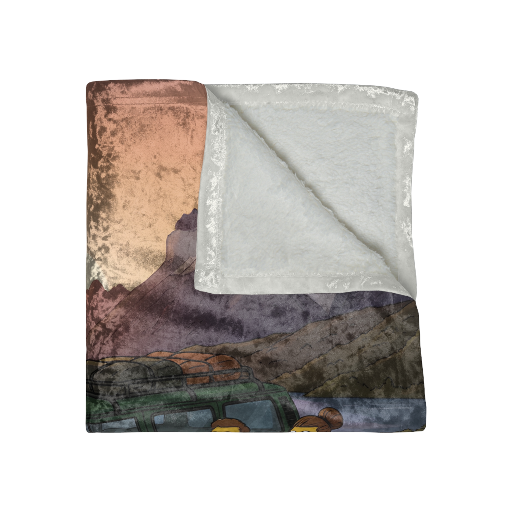 Crushed Velvet Blanket —"Adventure Awaits-Go Find It" Design Sitcom-Line (Campervan)
