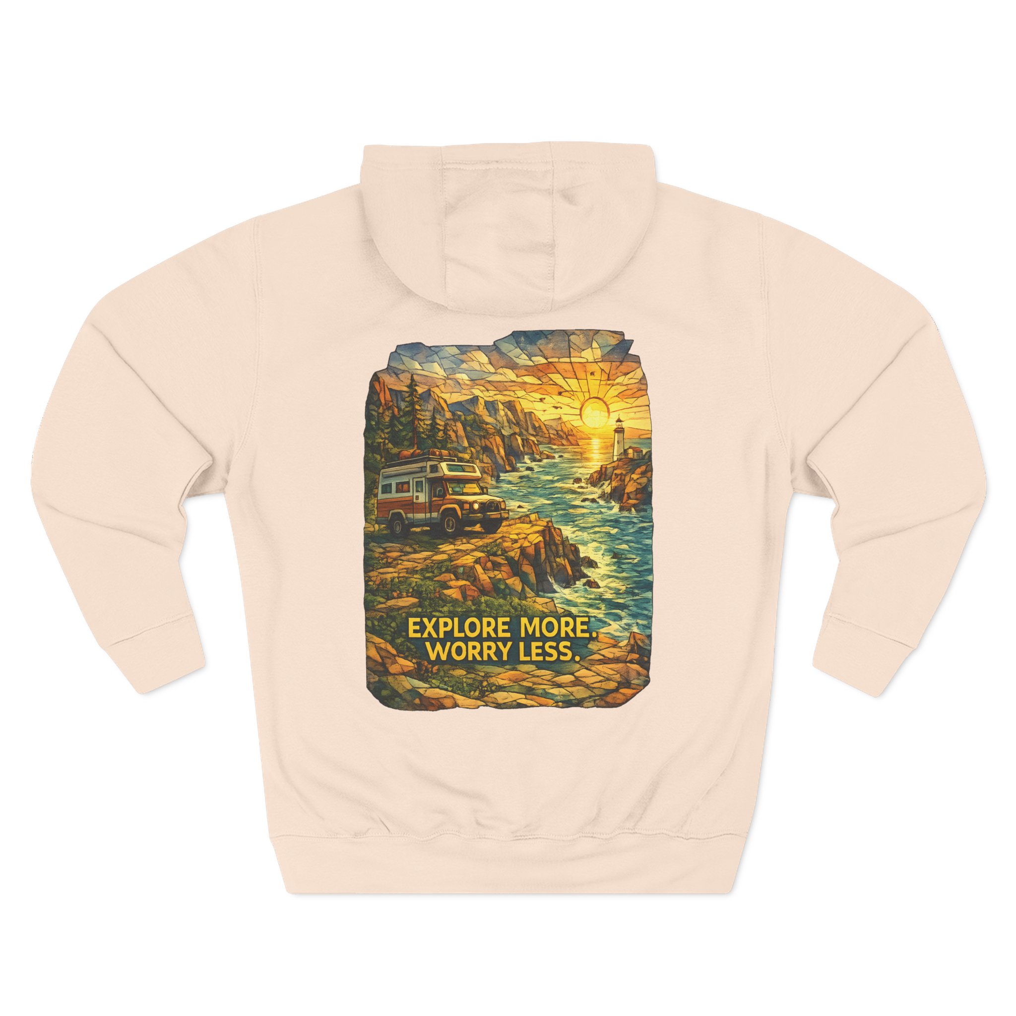 16854088538040197674_2048.jpeg Three-Panel Fleece Hoodie - "Explore More Worry Less" Design Cubic-Line