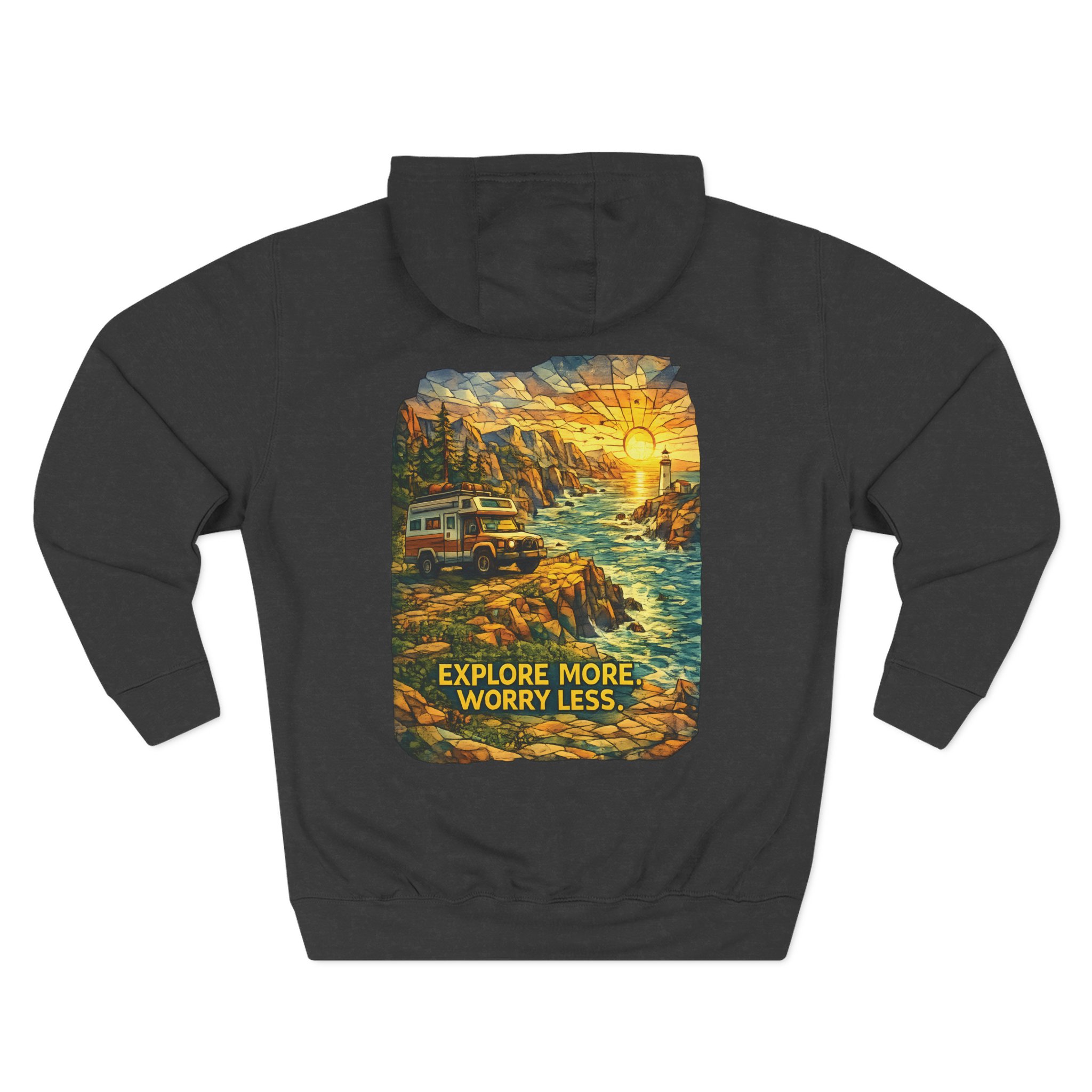 16858435398118288517_2048.jpeg Three-Panel Fleece Hoodie - "Explore More Worry Less" Design Cubic-Line