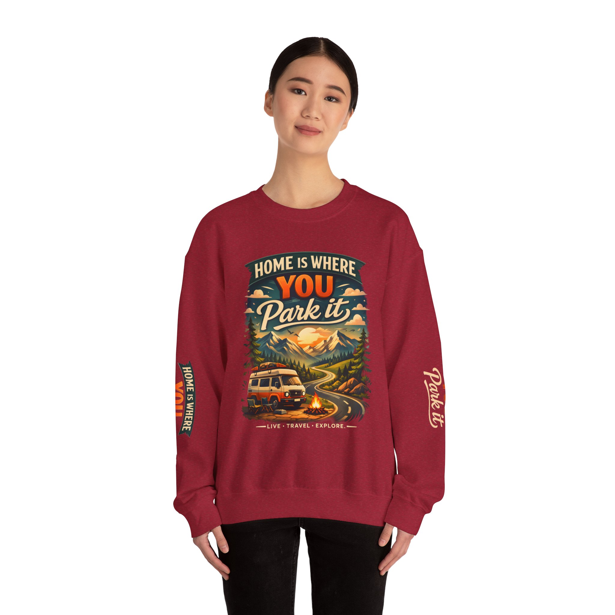 Unisex Heavy Blend™ Crewneck Sweatshirt — "Home Is Where You Park It" Design Scenic-Line
