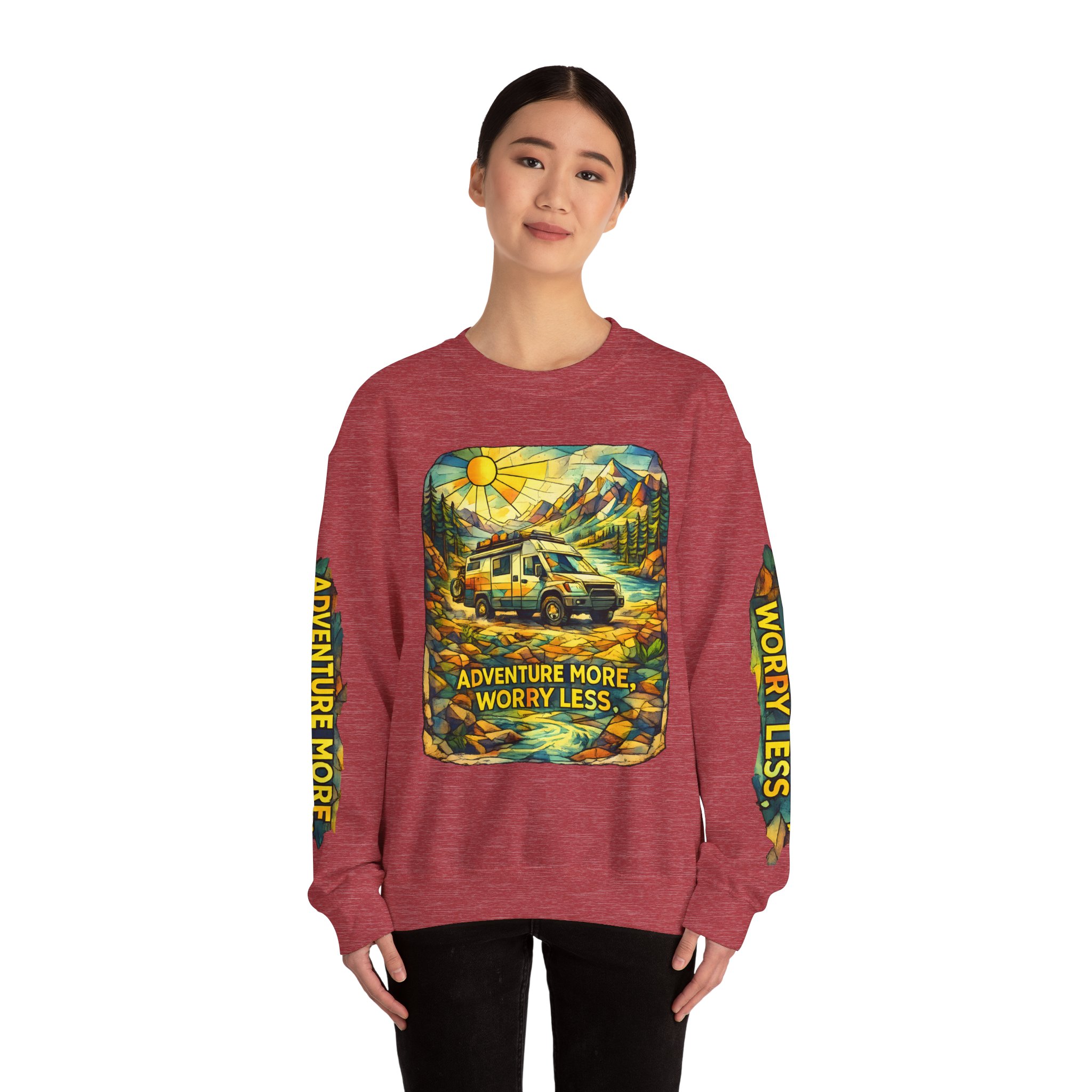 Unisex Heavy Blend™ Crewneck Sweatshirt — "Adventure More Worry Less" Design Cubic-Line