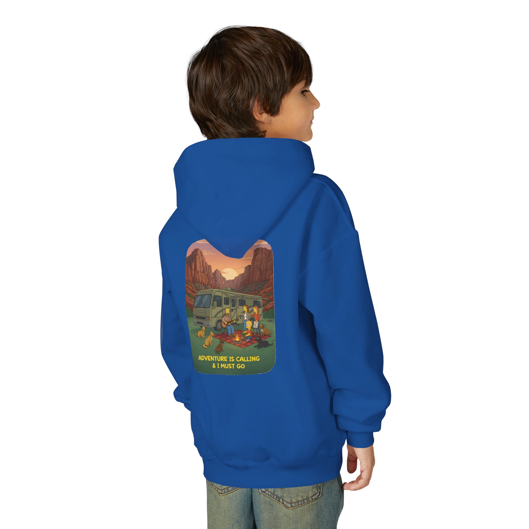 Youth Hoodie(Gildan) – "Adventure Is Calling-I Must Go" (Design Sitcom-Line)
