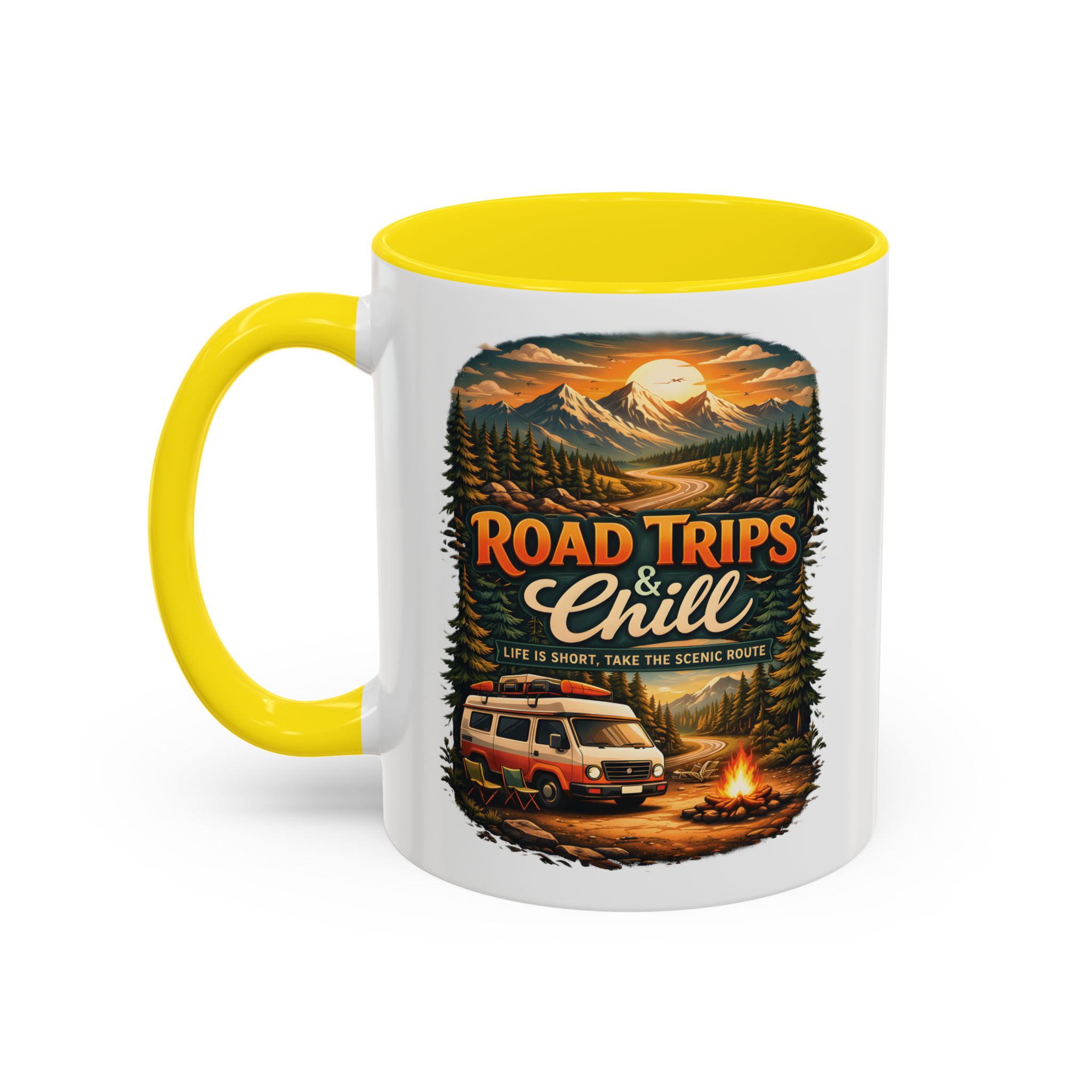Accent Coffee Mug (11, 15oz) — "Road Trips & Chill" Design Scenic-Line