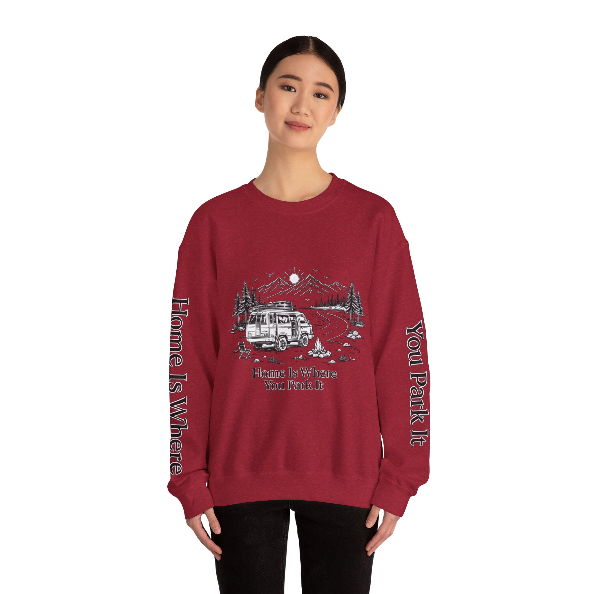 Unisex Heavy Blend™ Crewneck Sweatshirt — "Home Is Where You Park It" Design Minimal-Line