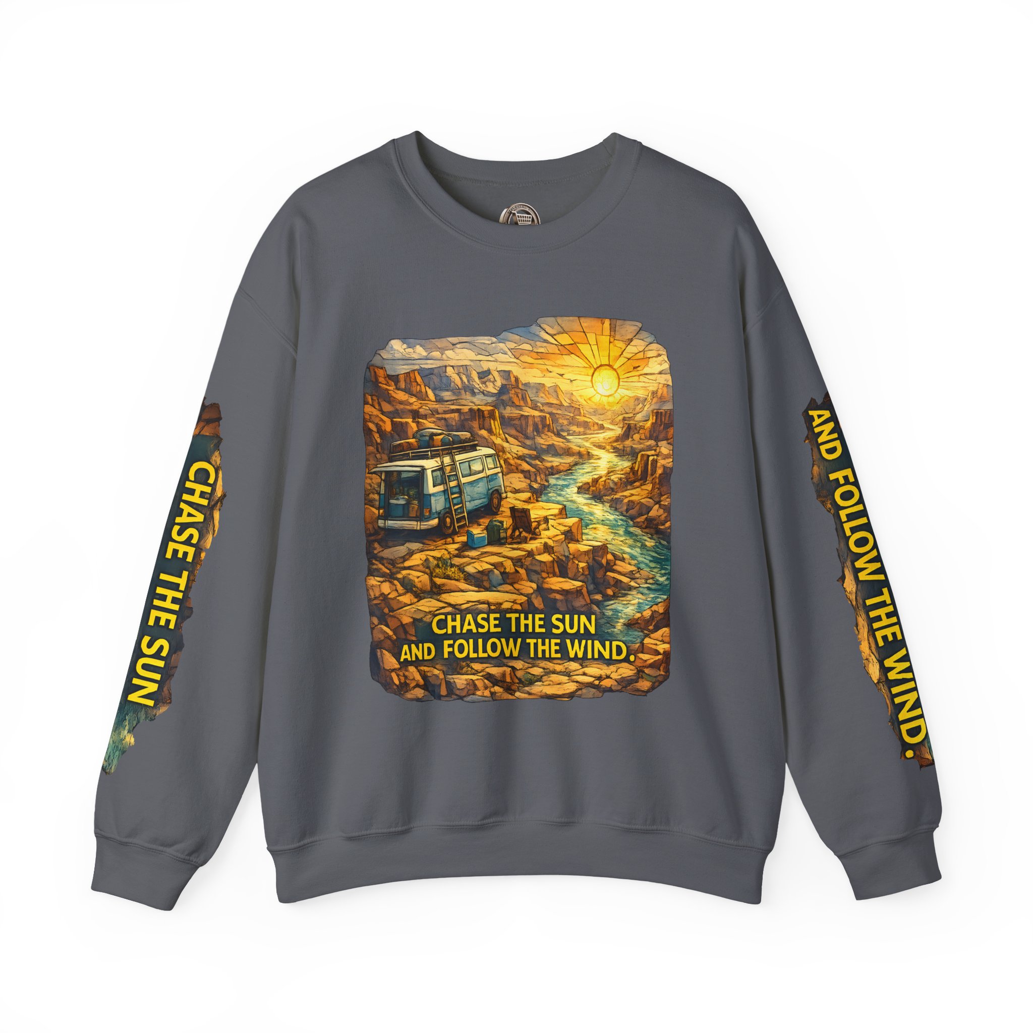 16882326514638225714_2048.jpeg Unisex Heavy Blend™ Crewneck Sweatshirt — "Chase The Sun And Follow The Wind" Design Cubic-Line