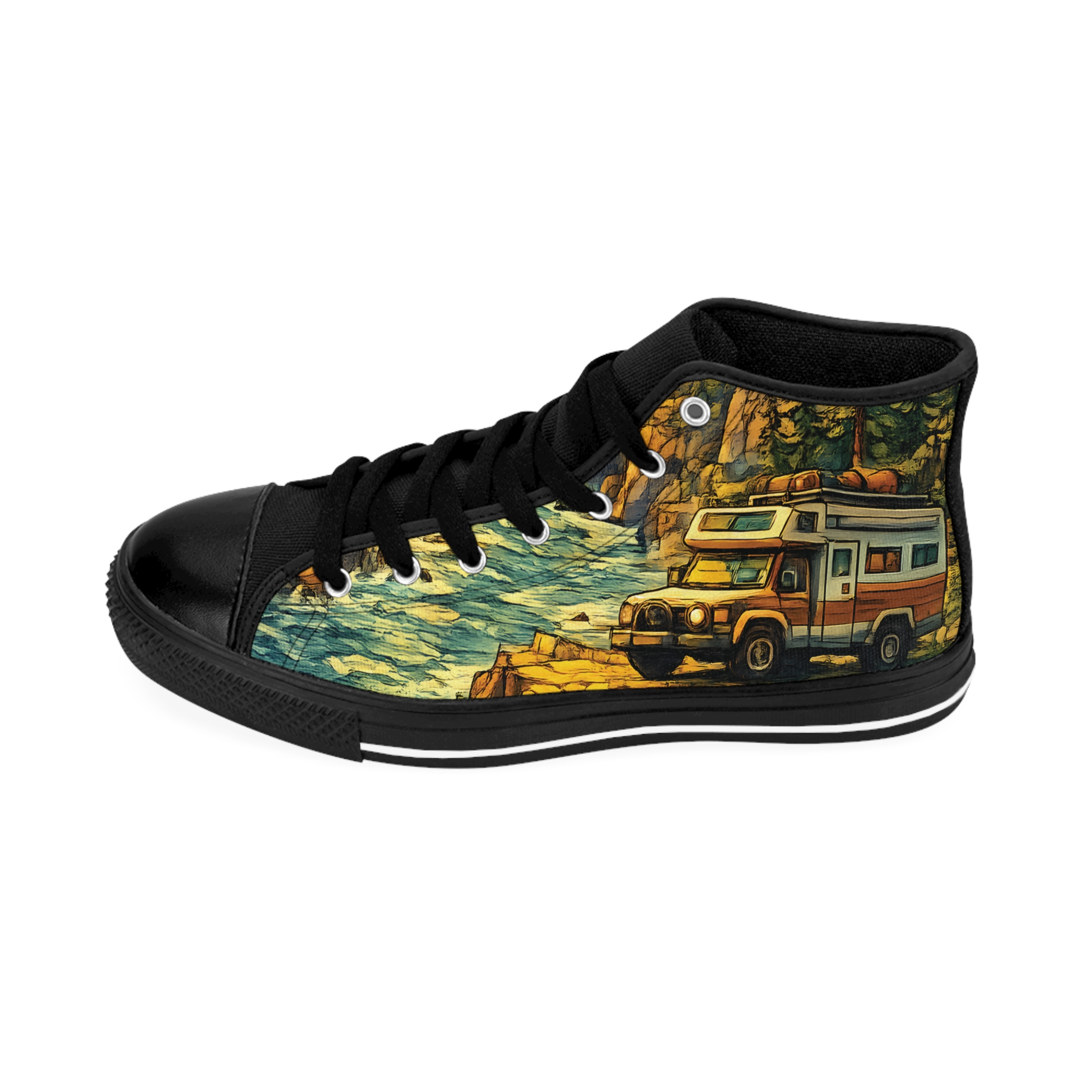 Men's High Top Sneakers — Vintage RV Roadtrip Shoes (Design Cubic-Line)