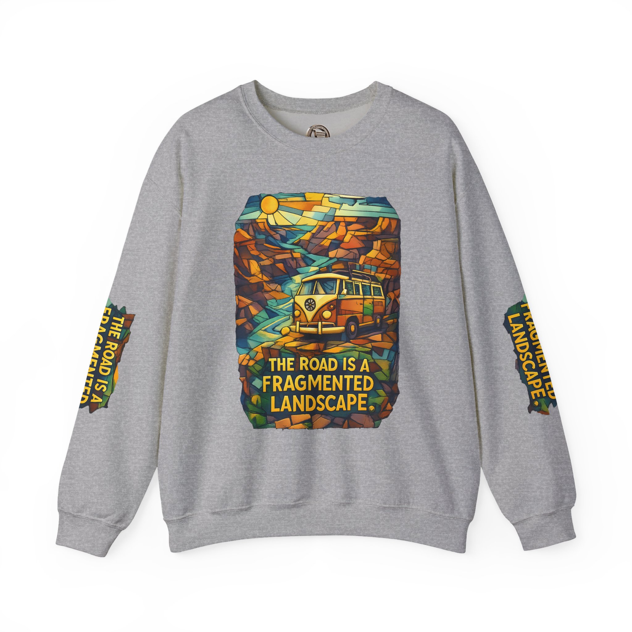 Unisex Heavy Blend™ Crewneck Sweatshirt — "The Road Is A Fragmented Landscape" Design Cubic-Line