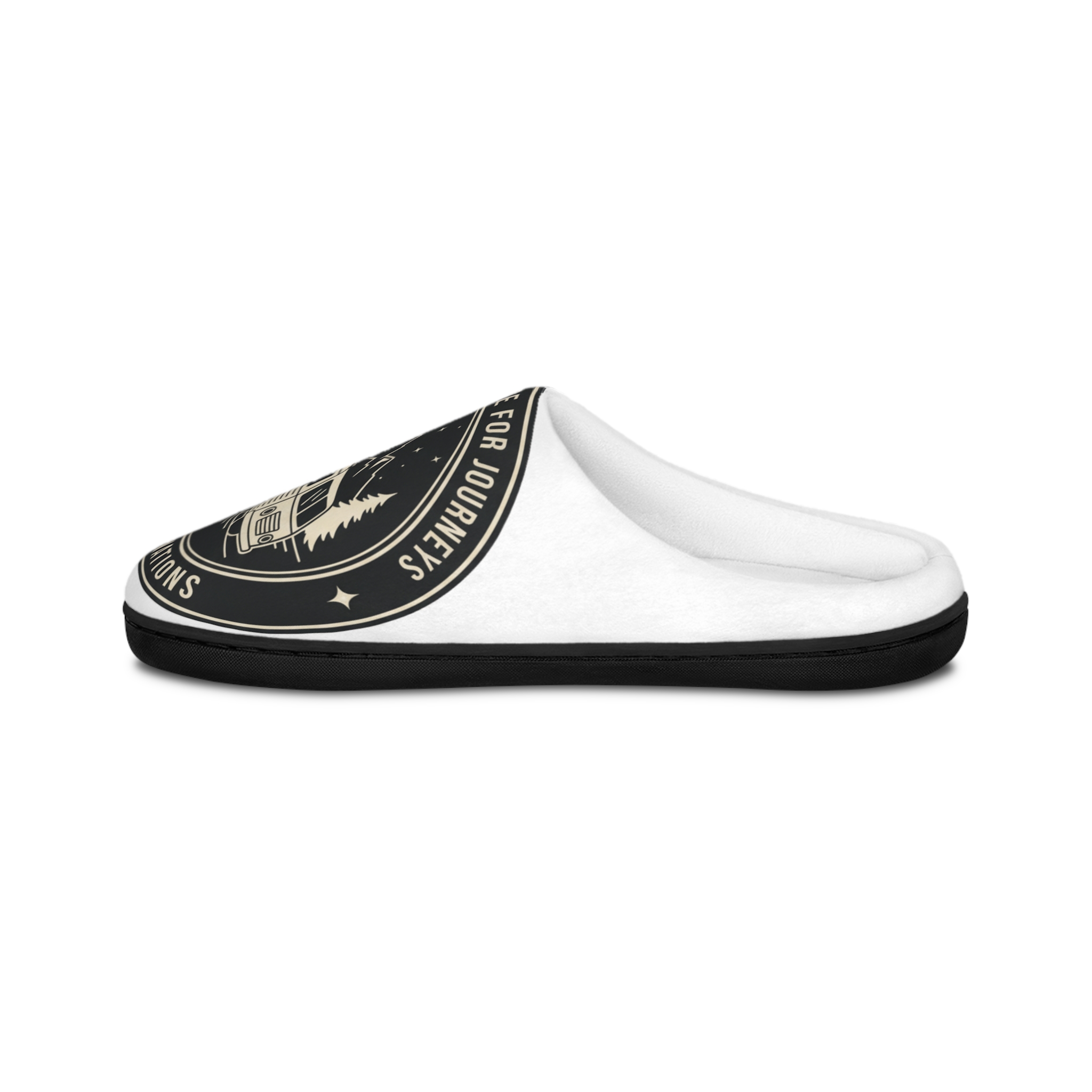 Men's Indoor Slippers — "ROAD WHERE MADE FOR JOURNEYS-NOT DESTINATIONS" Retro Camper Patch