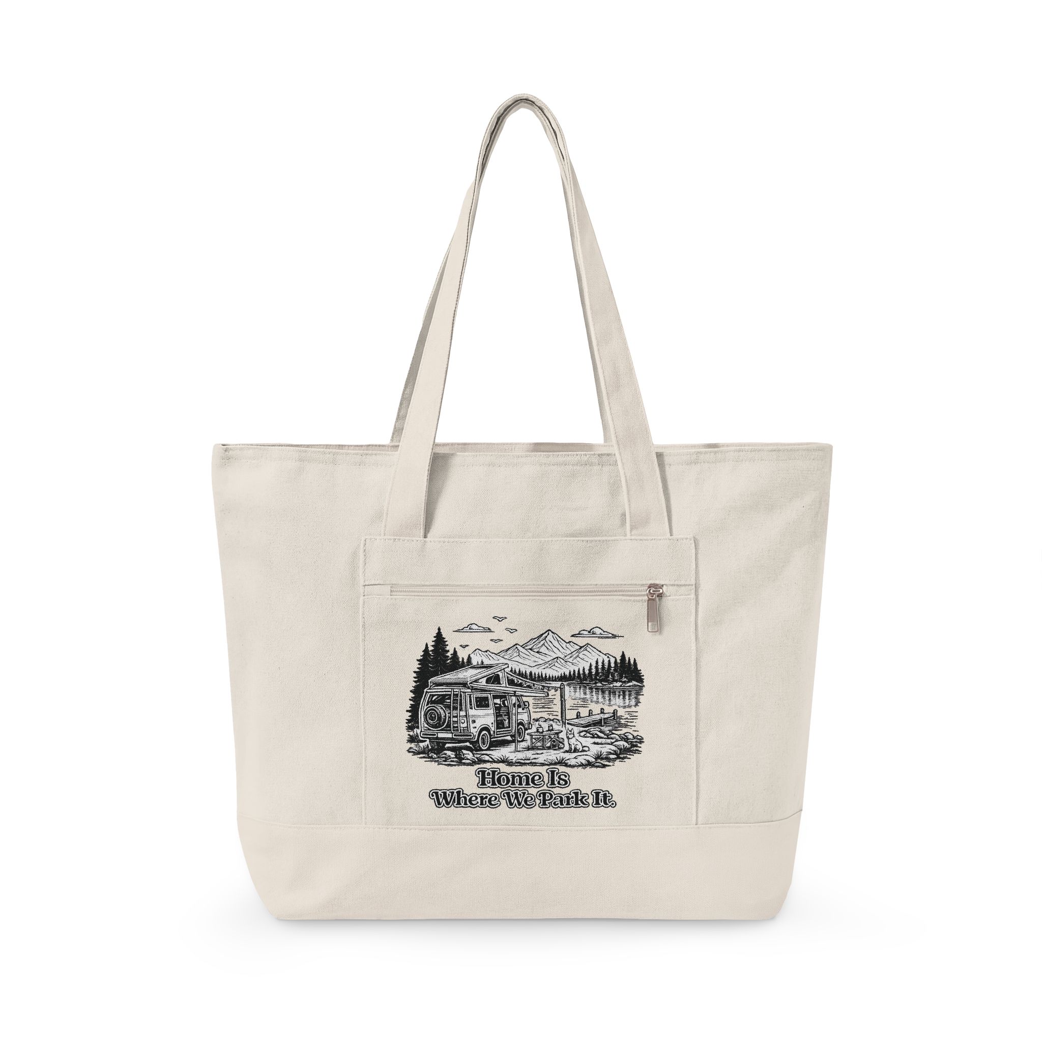 16889100899537544542_2048.jpeg Zippered Canvas Tote — "Home Is Where You Park It" (Design Minimal-Line)