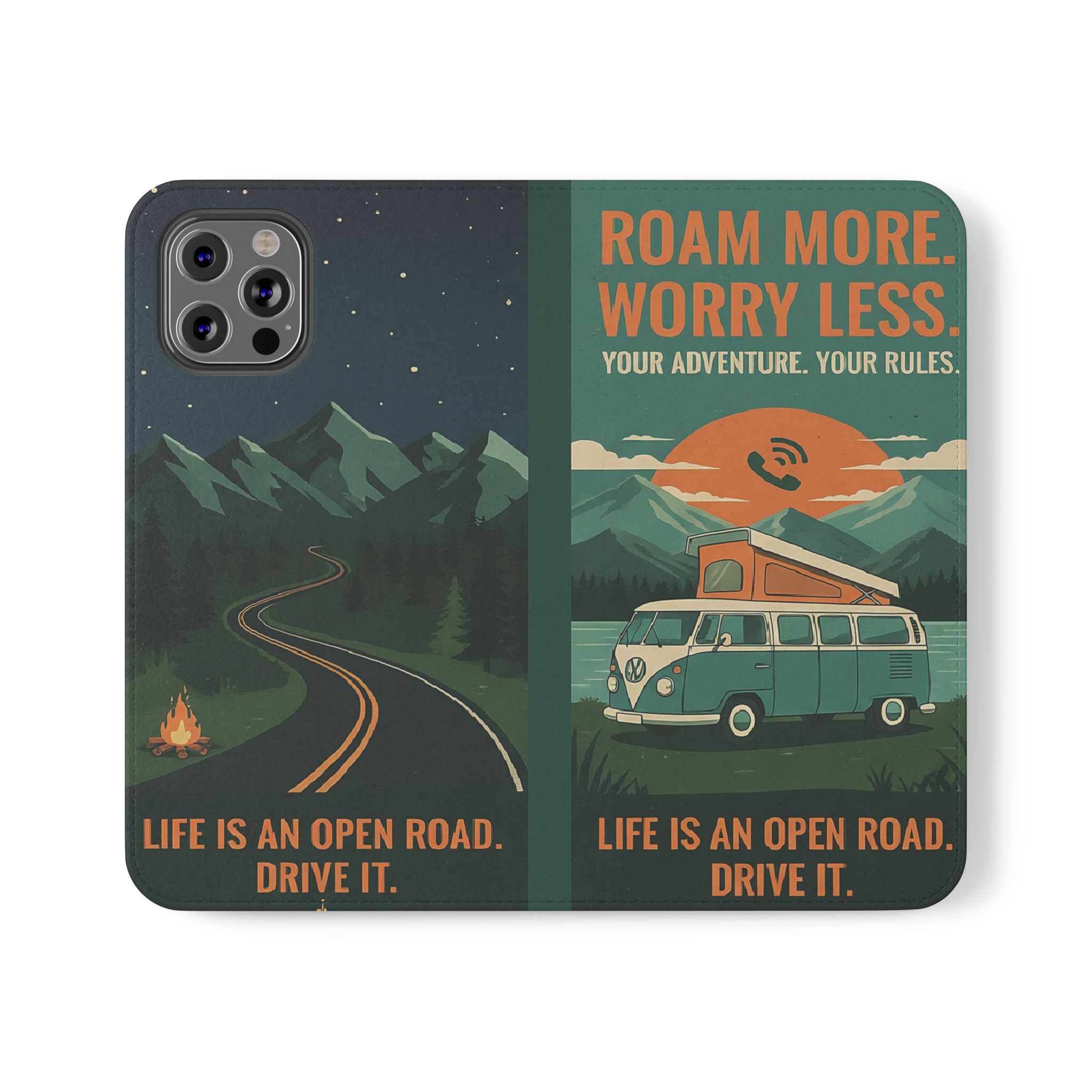 Flip Phone Case — "Roam More Worry Less - Life Is An Open Road" Phone Wallet