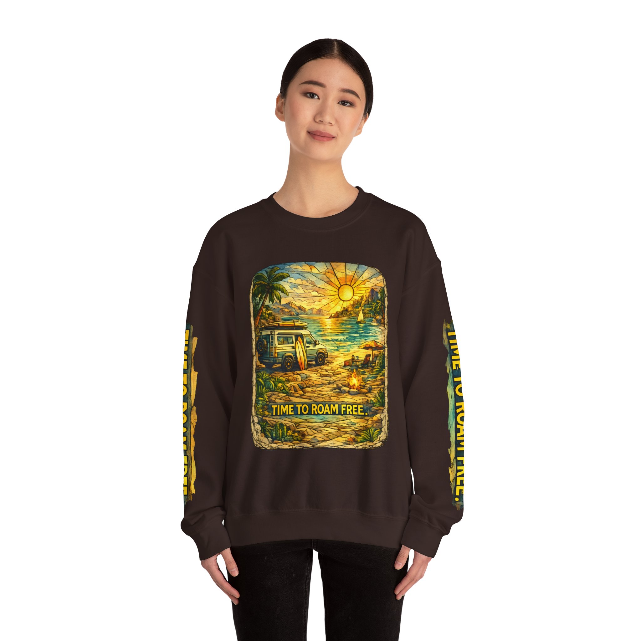 Unisex Heavy Blend™ Crewneck Sweatshirt — "Time To Roam Free" Design Cubic-Line