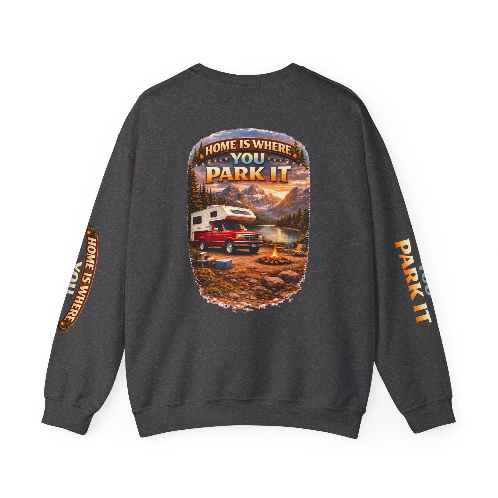 Unisex Heavy Blend™ Crewneck Sweatshirt — "Home Is Where You Park It" Design Scenic-Line