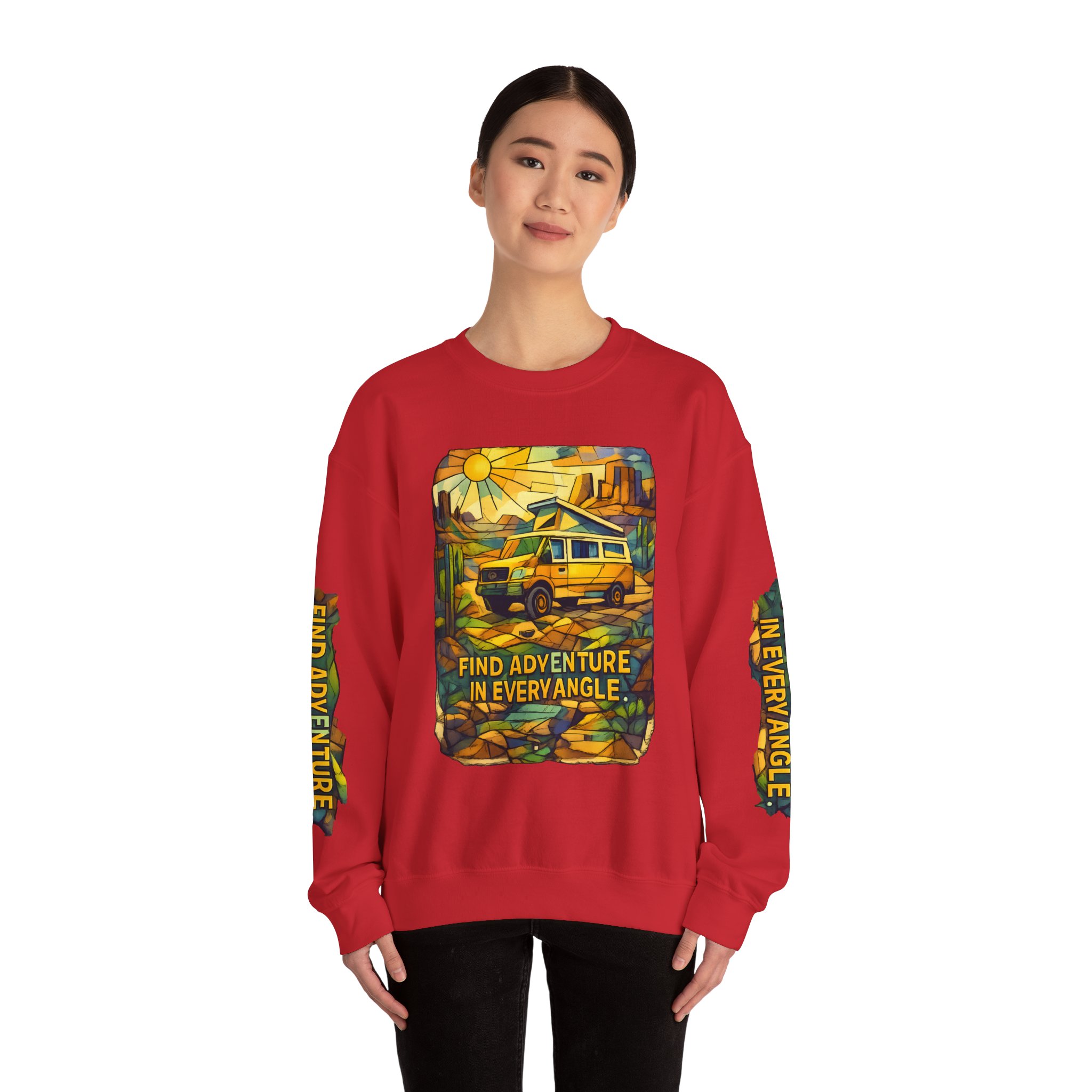 Unisex Heavy Blend™ Crewneck Sweatshirt — "Find Adventure In Every Corner" Design Cubic-Line