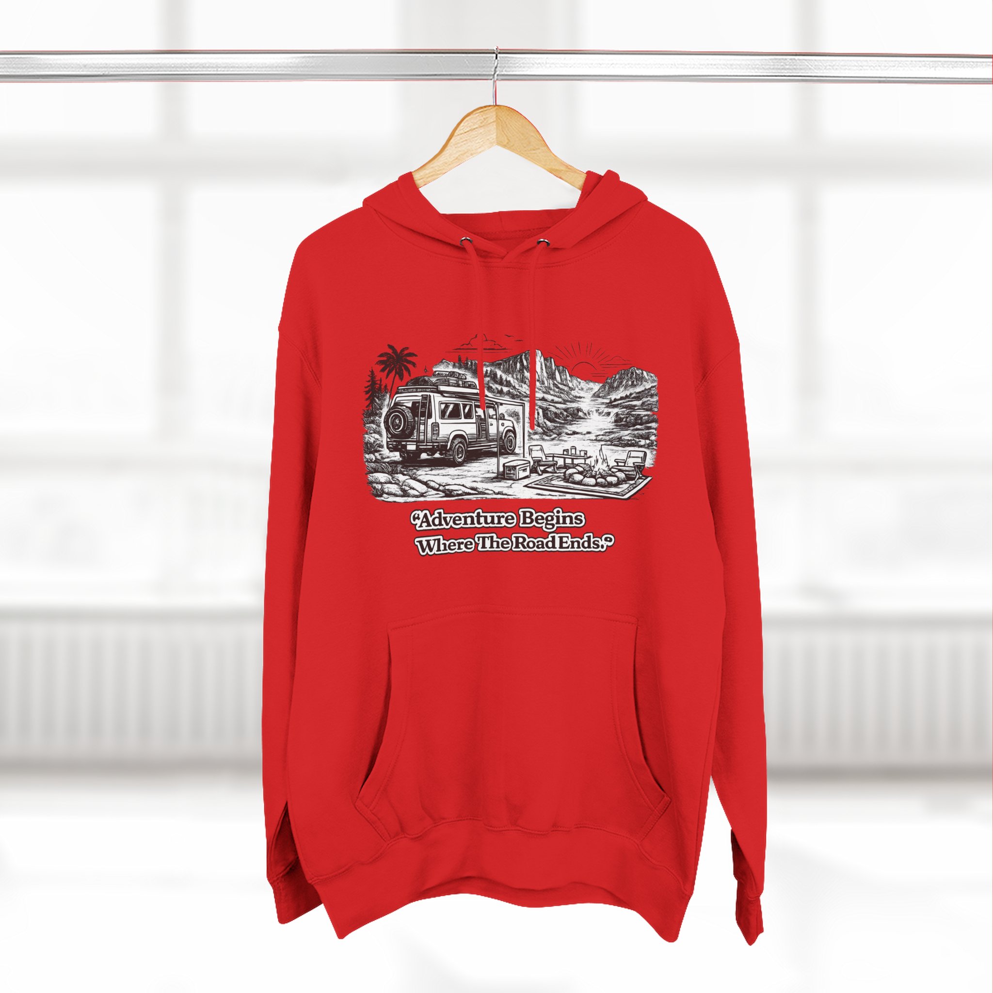 Three-Panel Fleece Hoodie - "Adventure Begins Where The Road Ends" Design Minimal-Line