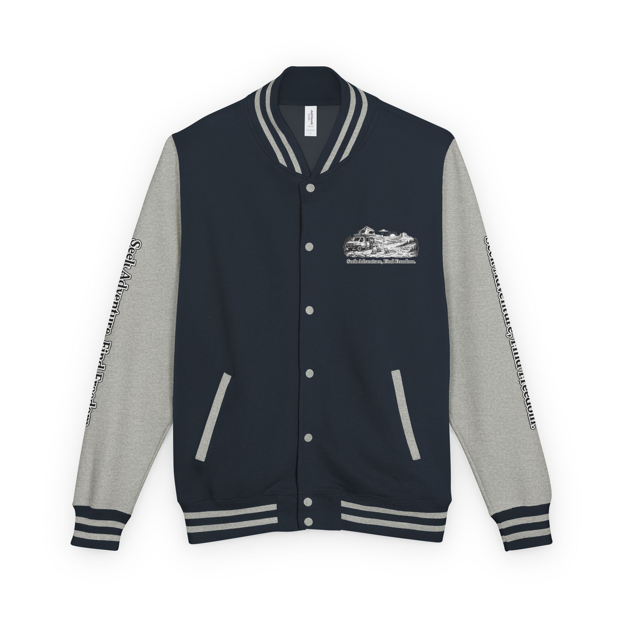 Unisex Heavyweight Letterman Jacket — "Seek Adventure, Find Freedom" Travel Varsity Coat