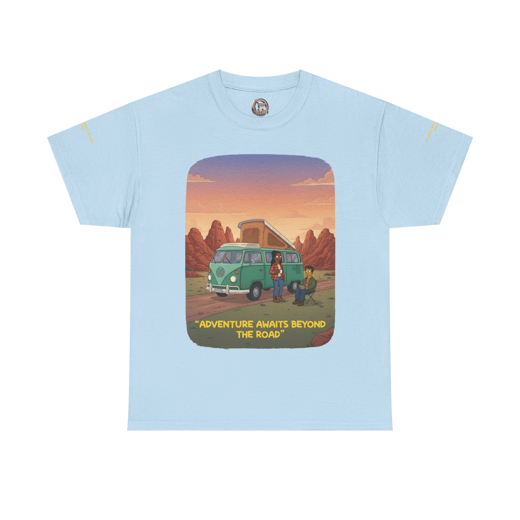 Unisex Heavy Cotton Tee — "Adventure Awaits Beyond The Road" Design Sitcom-Line